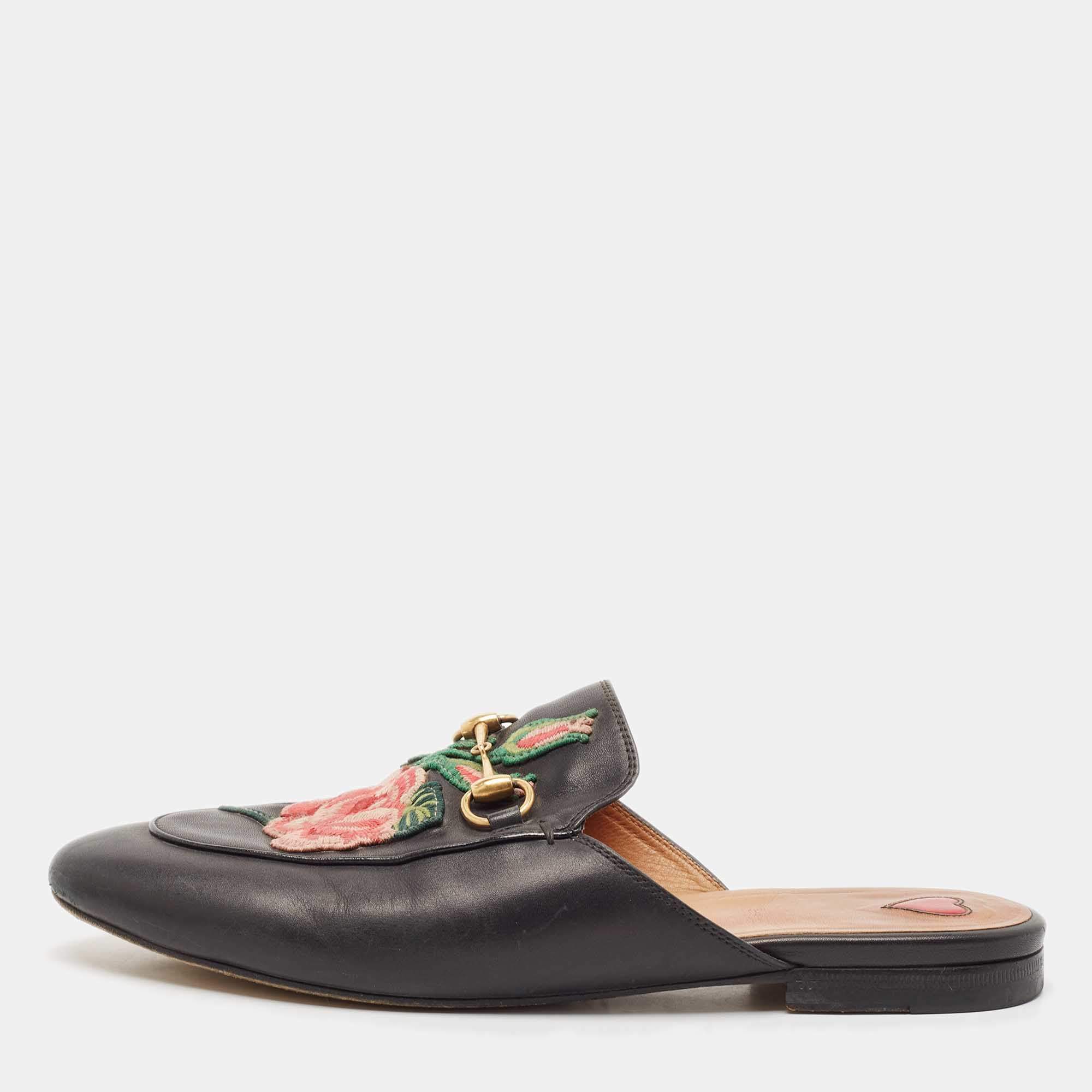 Gucci Black Leather Floral Embroidered Princetown Mules Size 38.5