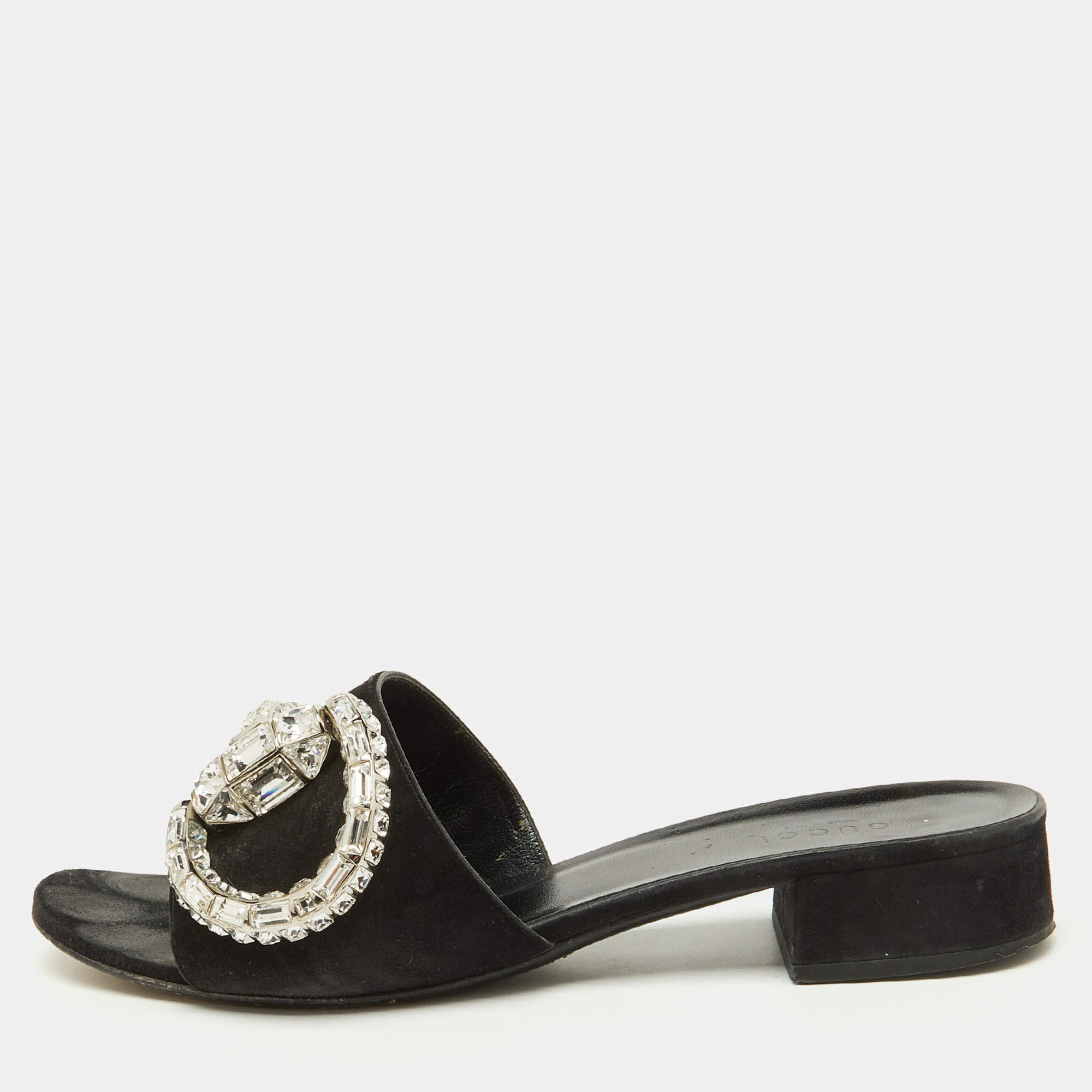 Gucci Black Suede Crystal Embellished Maxime Slide Sandals Size 39