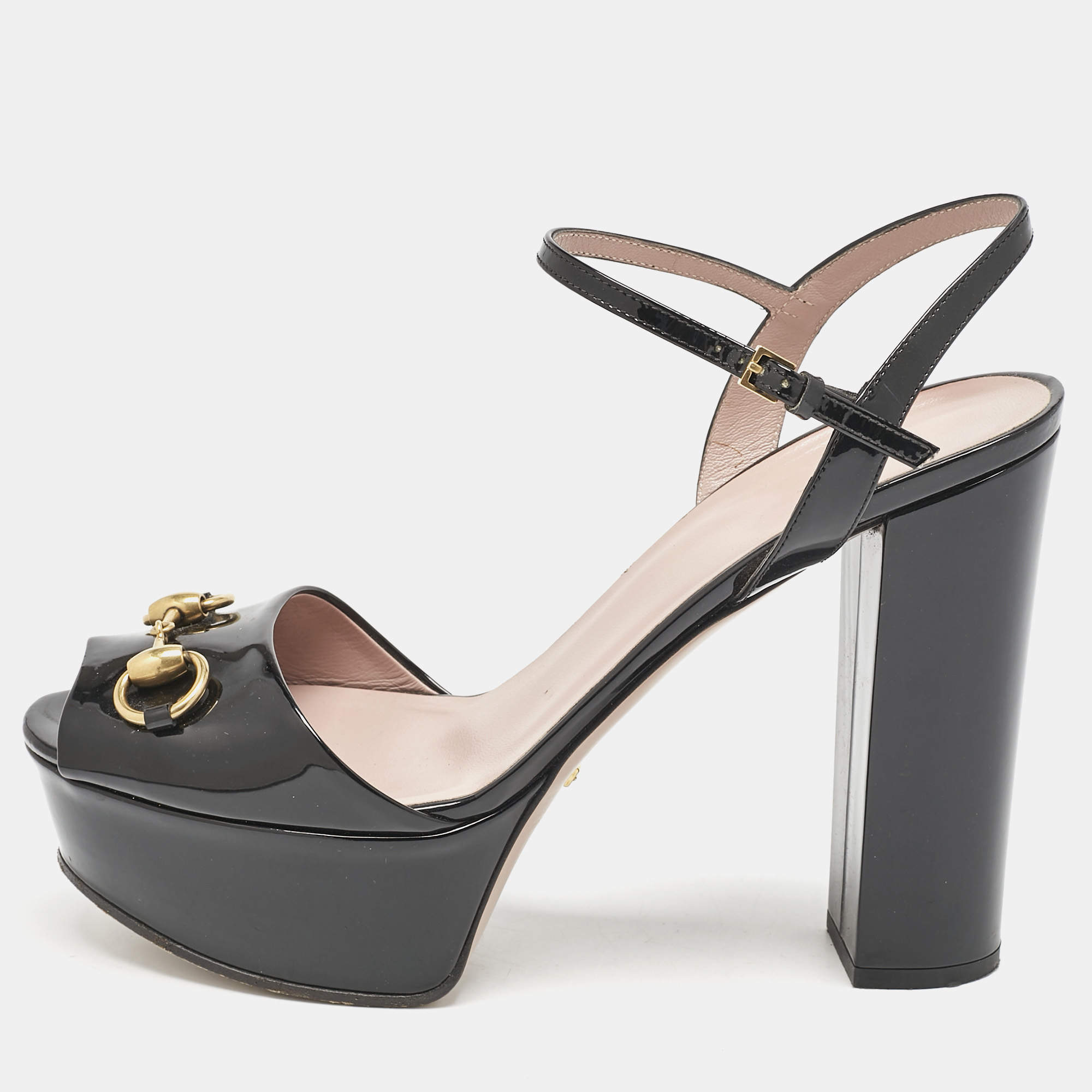 Gucci Black Patent Leather Horsebit Platform Peep Toe Ankle Strap Sandals Size 40