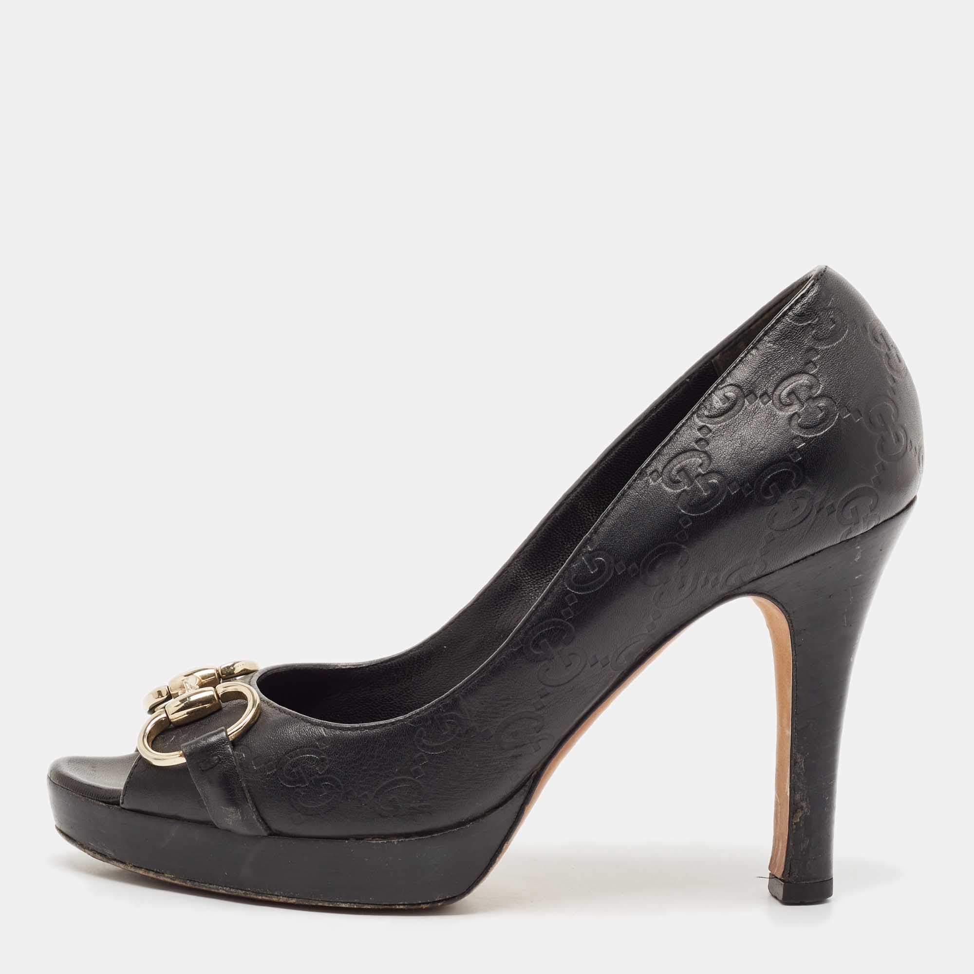 Pre Owned Gucci Black Leather Horsebit Peep Toe Platform Pumps Size 37
