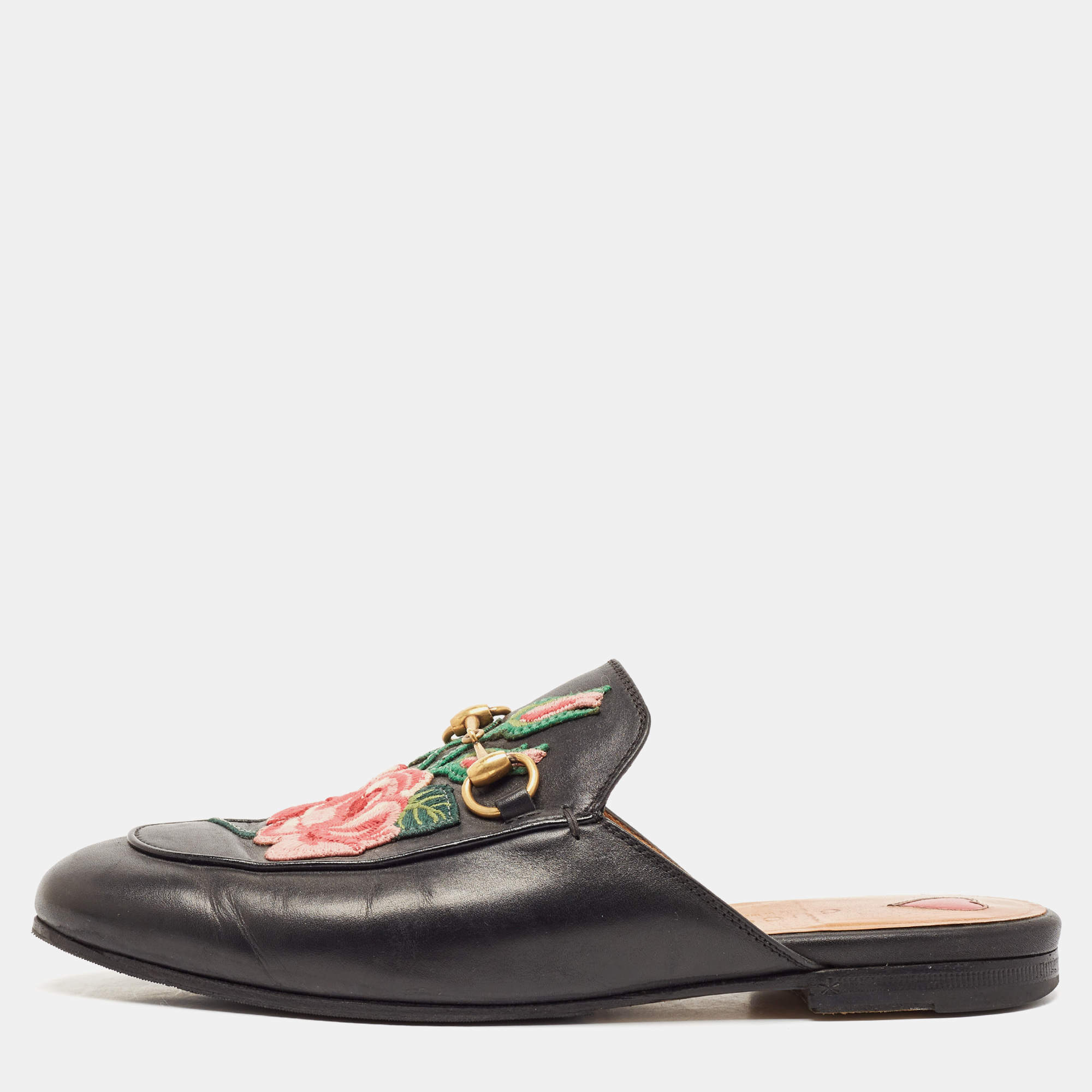 مملوكة مسبقًا حذاء غوتشي برينستاون مسطح جلد أسود مطرز بالورد مق اس 37