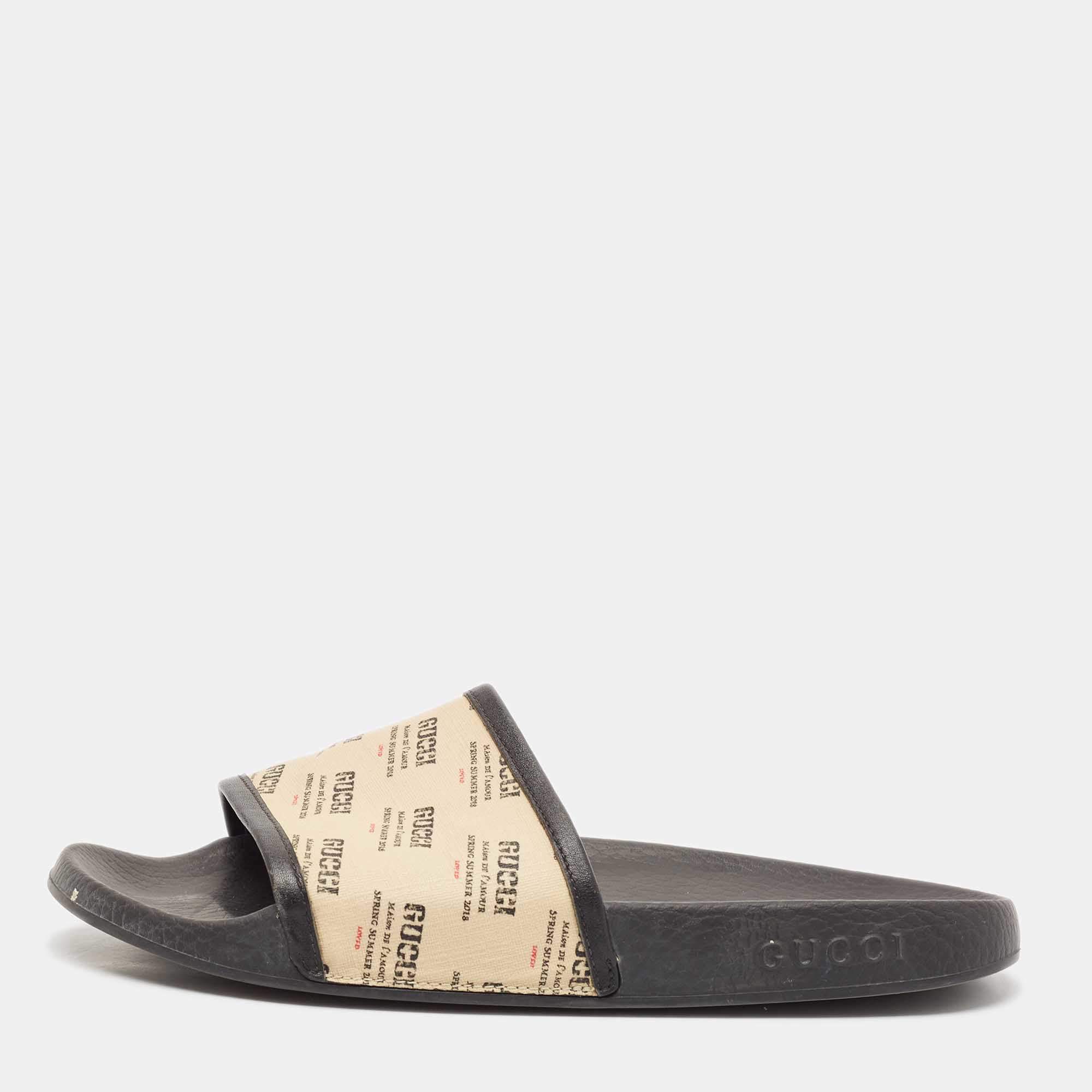 Gucci Cream/Black Canvas and Leather Flat Sandals Size 41
