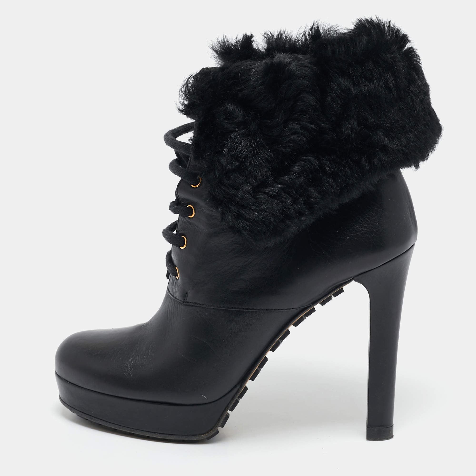 Gucci Black Leather and Fur Lace Up Platform Ankle Boots Size 37