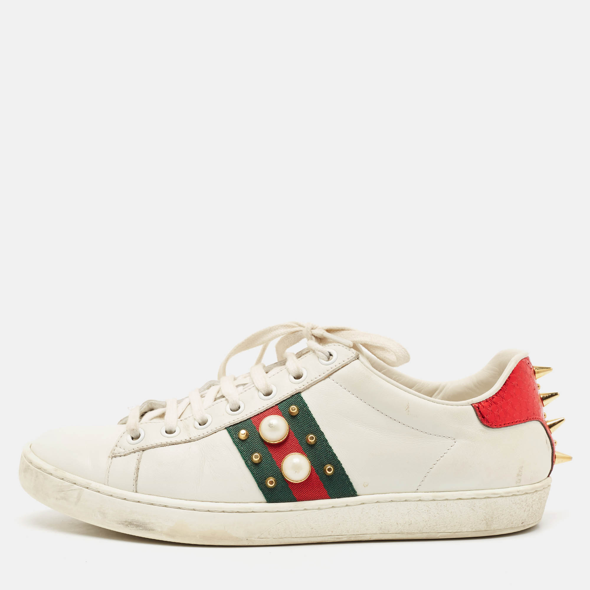 Gucci White Leather and Python Embossed Ace Lace Up Sneakers Size 38.5