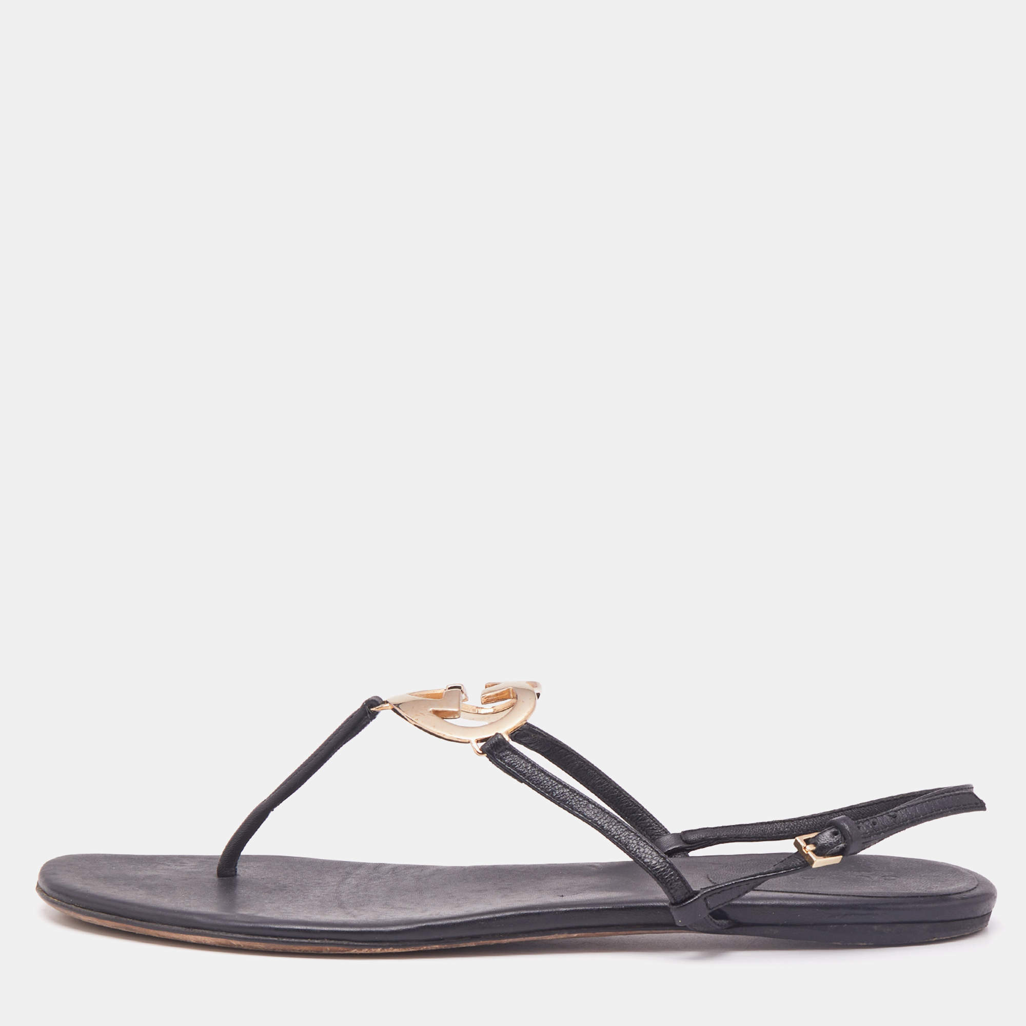 Gucci Black Leather GG Interlocking Heart Flat Sandals Size 38.5