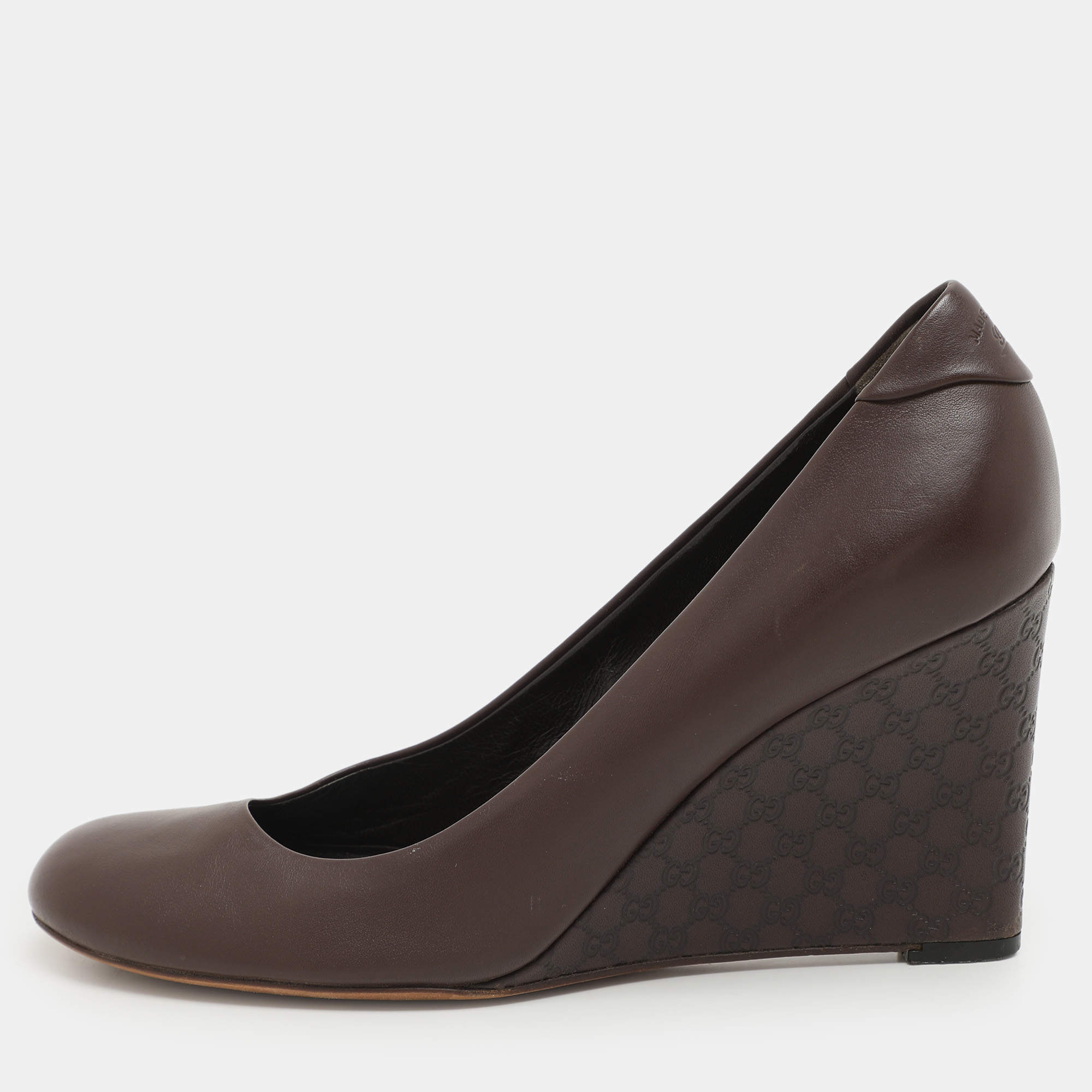 Gucci Brown Leather Wedge Round Toe Pumps Size 38.5