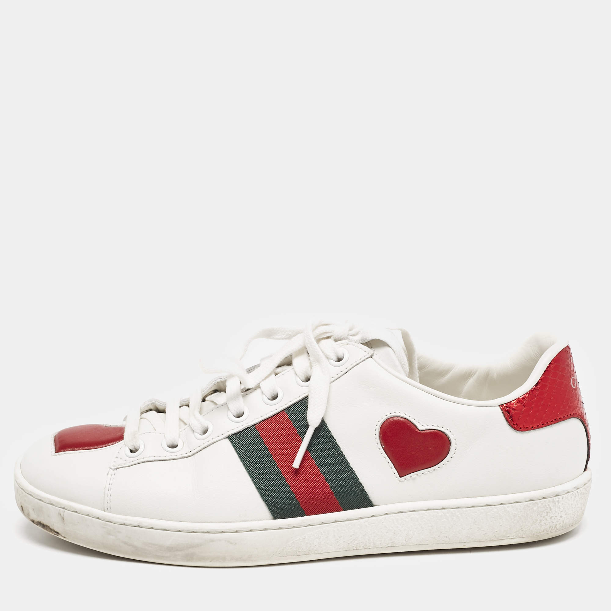 مملوكة مسبقًا Gucci White Leather Ace Heart Web Low Top Sneakers Size 37