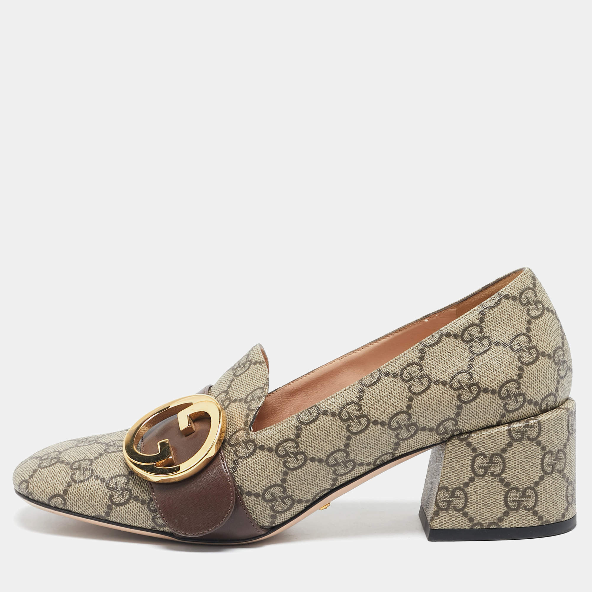 Pre Owned Gucci Beige/Brown GG Sumpreme Canvas and Leather Block Heel Pumps Size 39