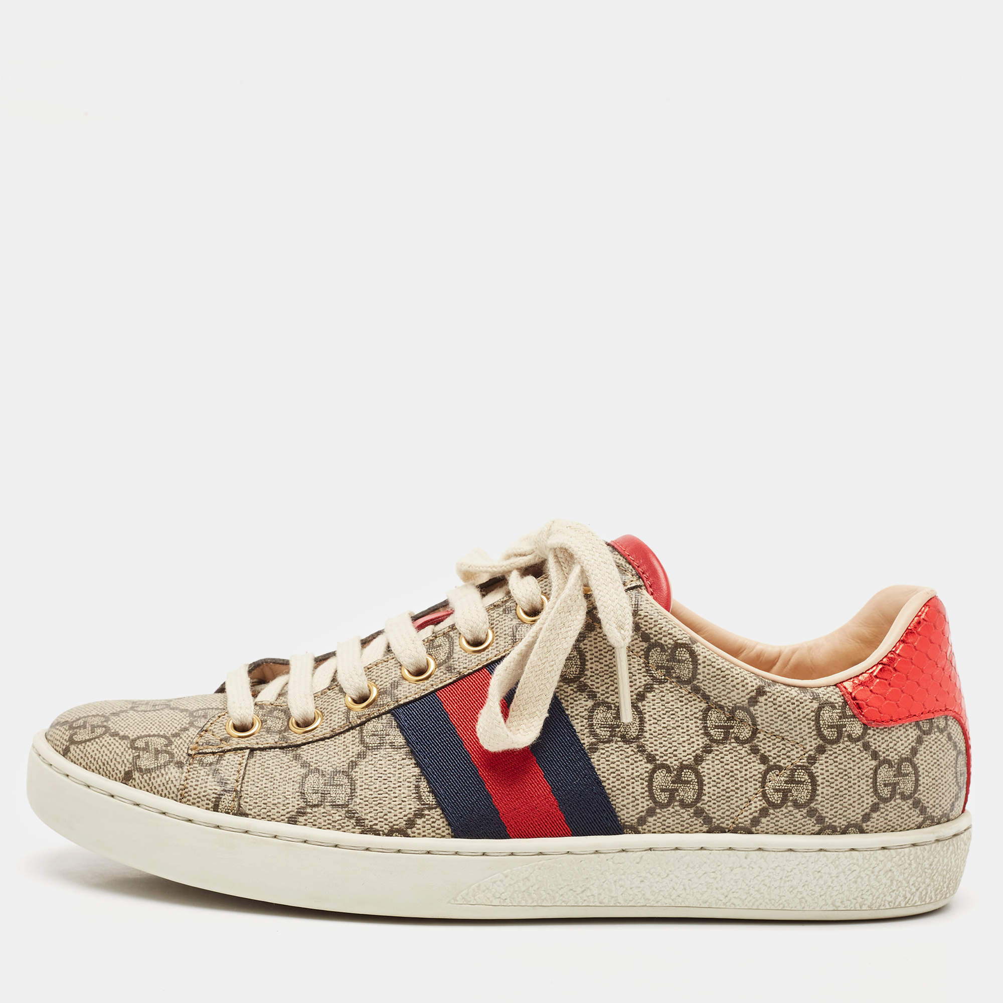 Gucci Beige/Brown GG Supreme Canvas Ace Low Top Sneakers Size 37