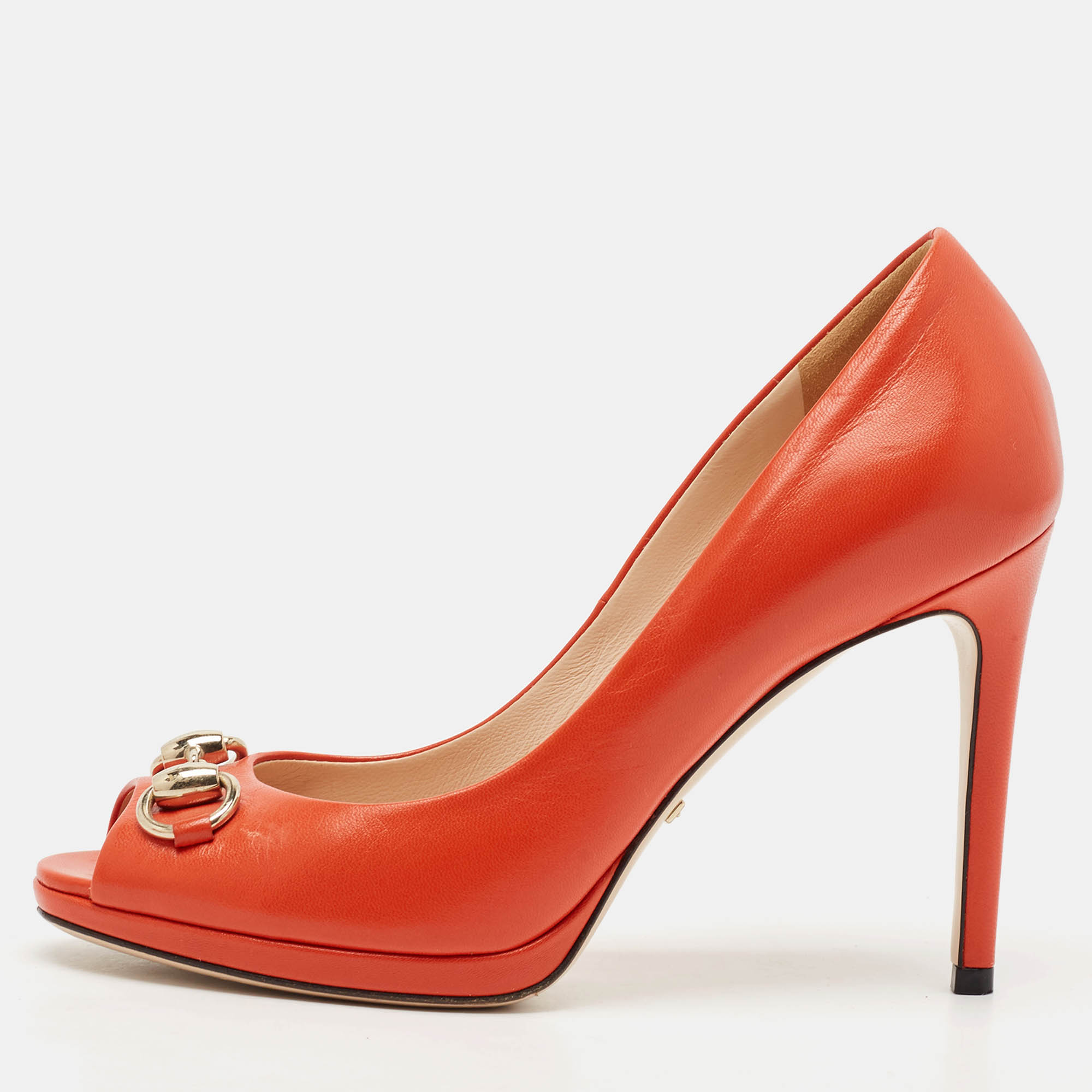 Gucci Orange Leather Horsebit Peep Toe Pumps Size 35