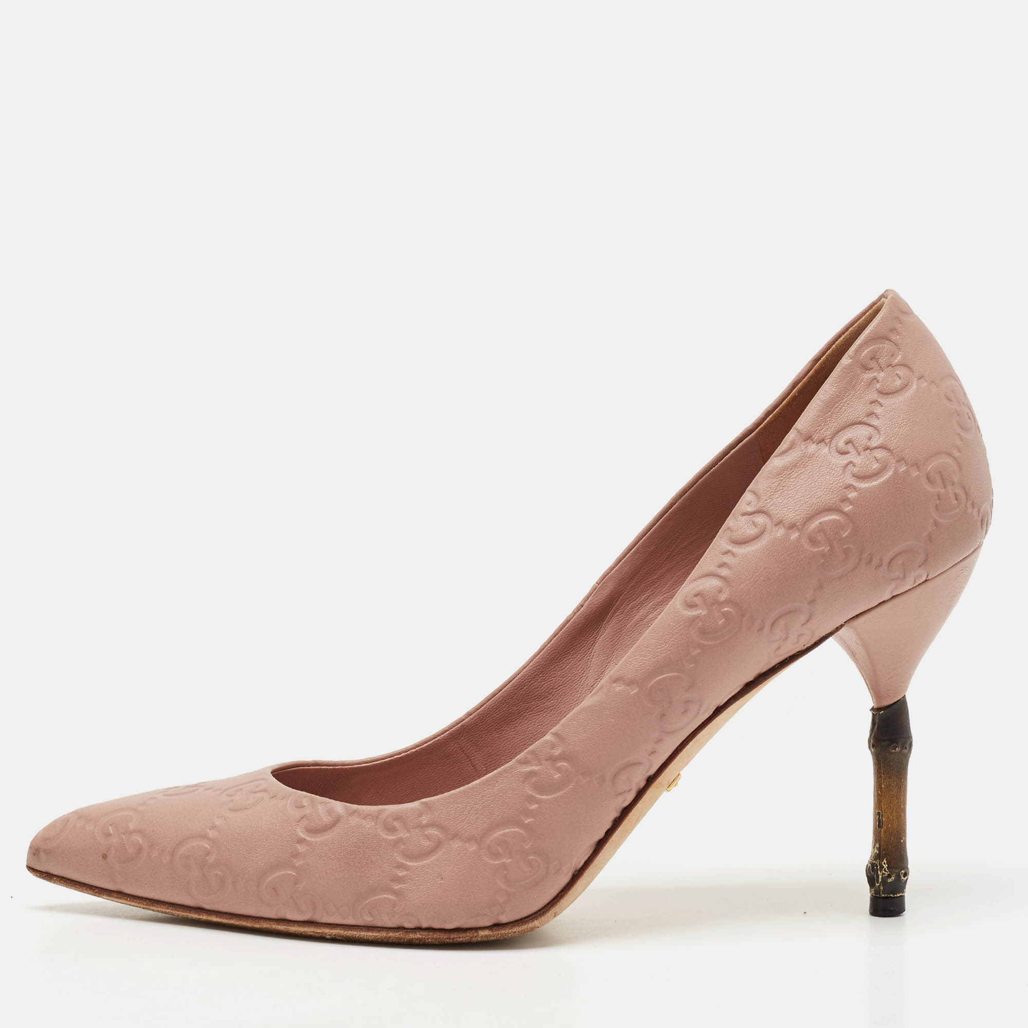  Gucci Pale Pink Guccissima Leather Kristen Bamboo Heel Pointed Toe Pumps Size 38