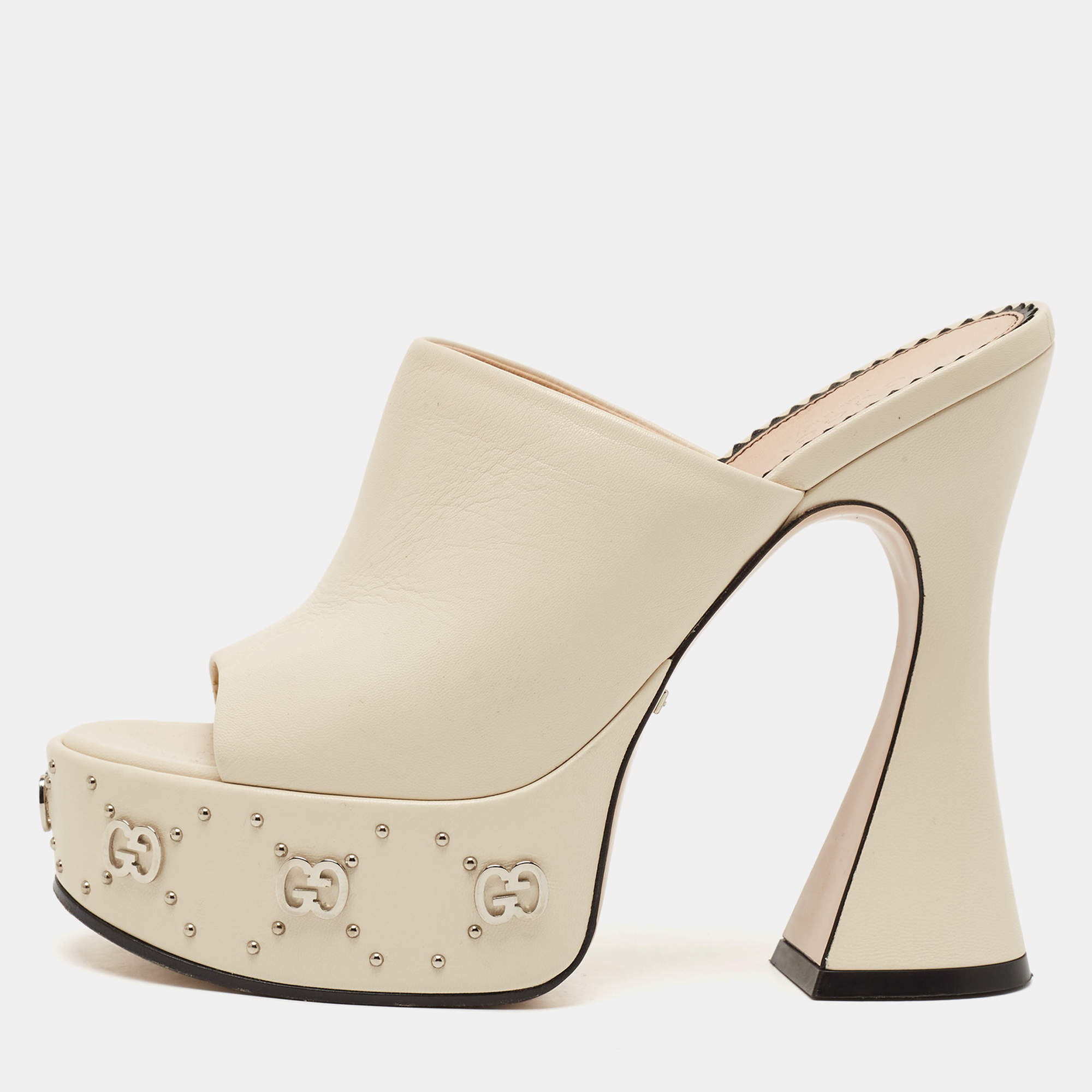 Pre Owned Gucci Cream Leather GG Platform Slide Sandals Size 36.5