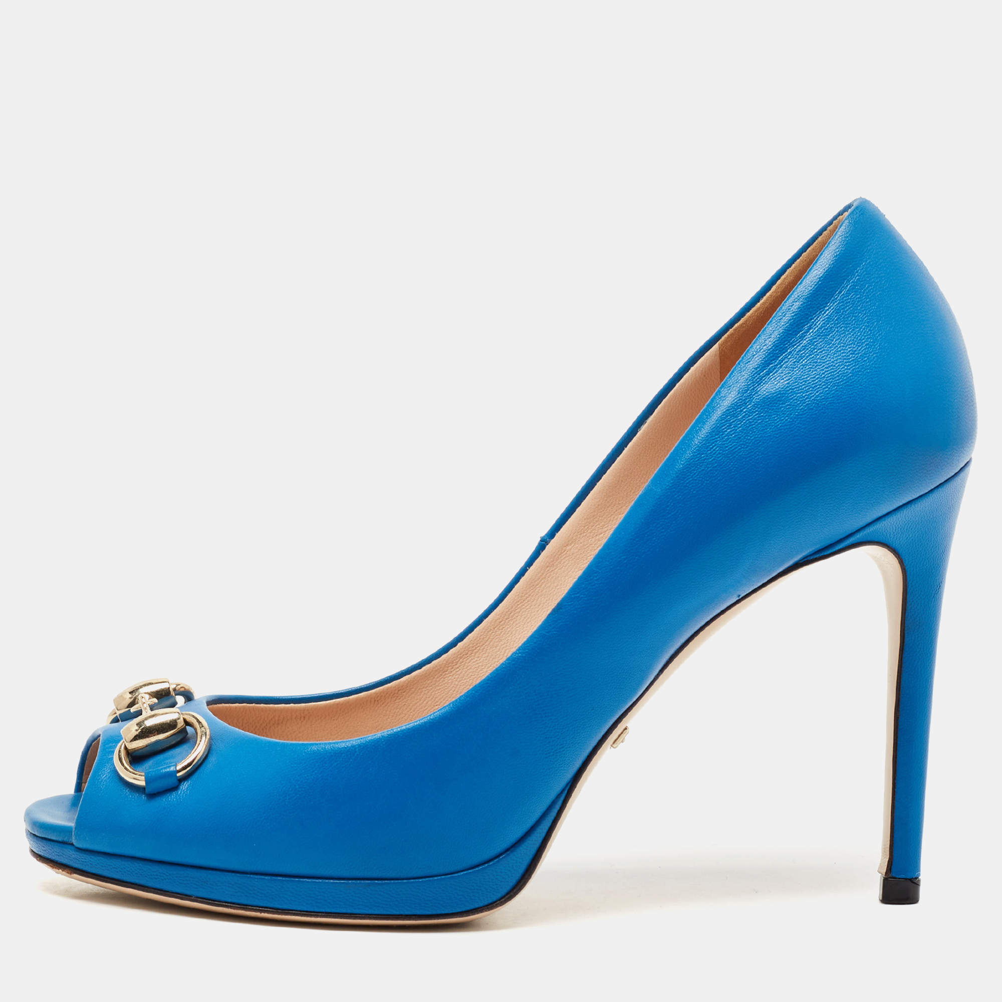 Gucci Blue Leather Horsebit Peep Toe Pumps Size 35