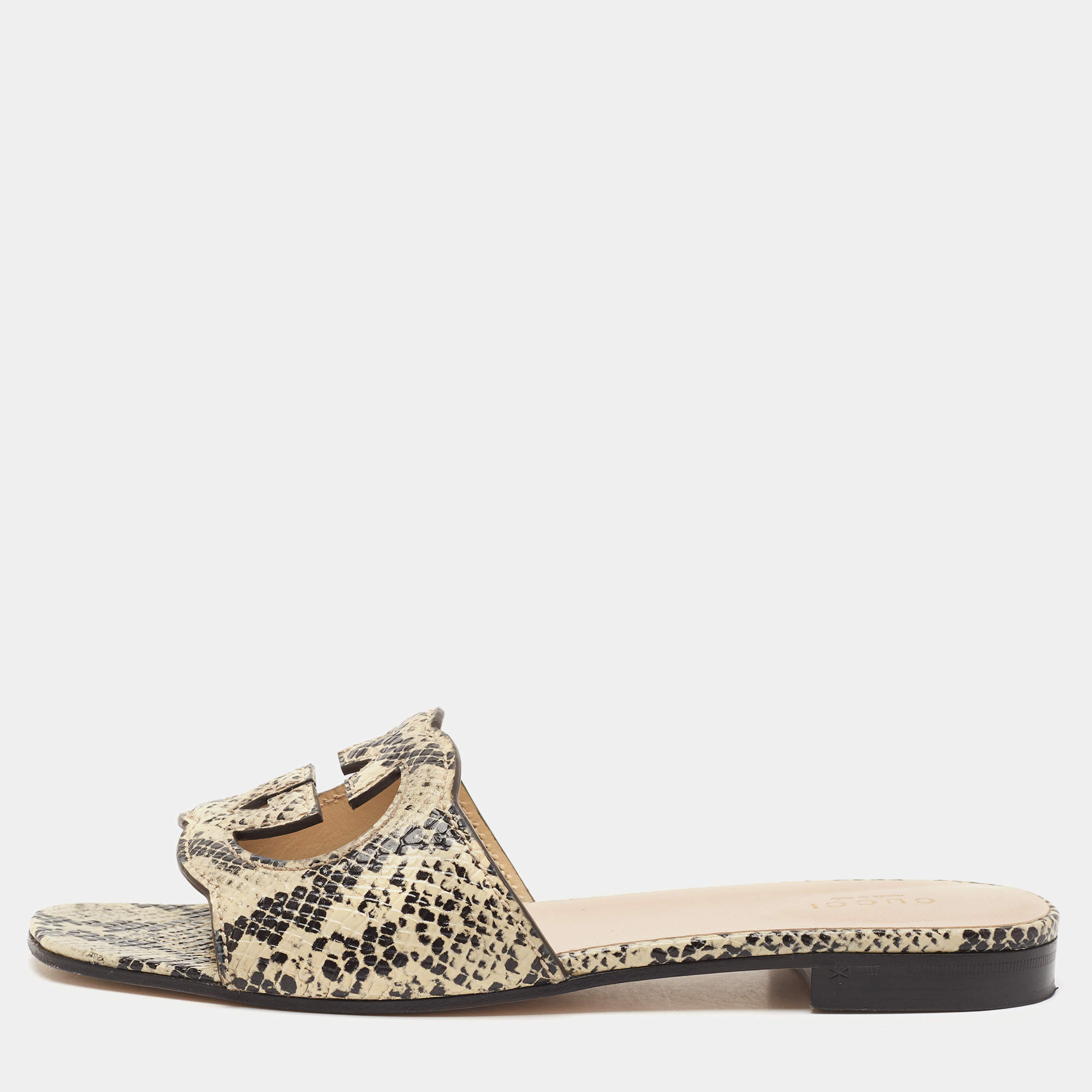 Pre Owned Gucci Black/Grey Python Embossed Leather Interlocking G Cut Out Flat Slides Size 38