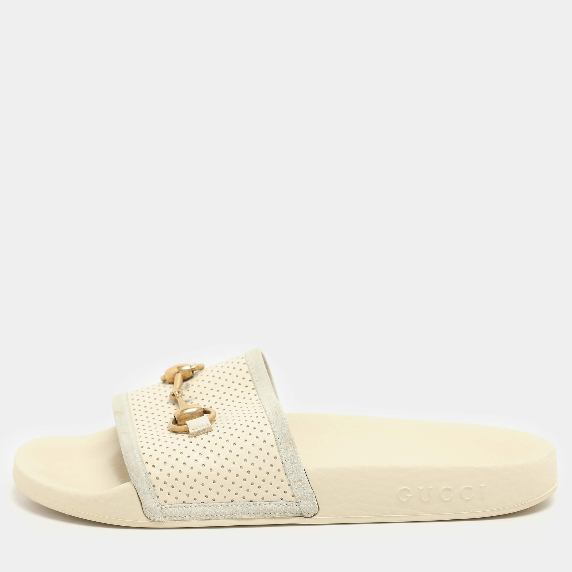 Gucci Cream Perforated Leather Horsebit Flat Slide Size 38