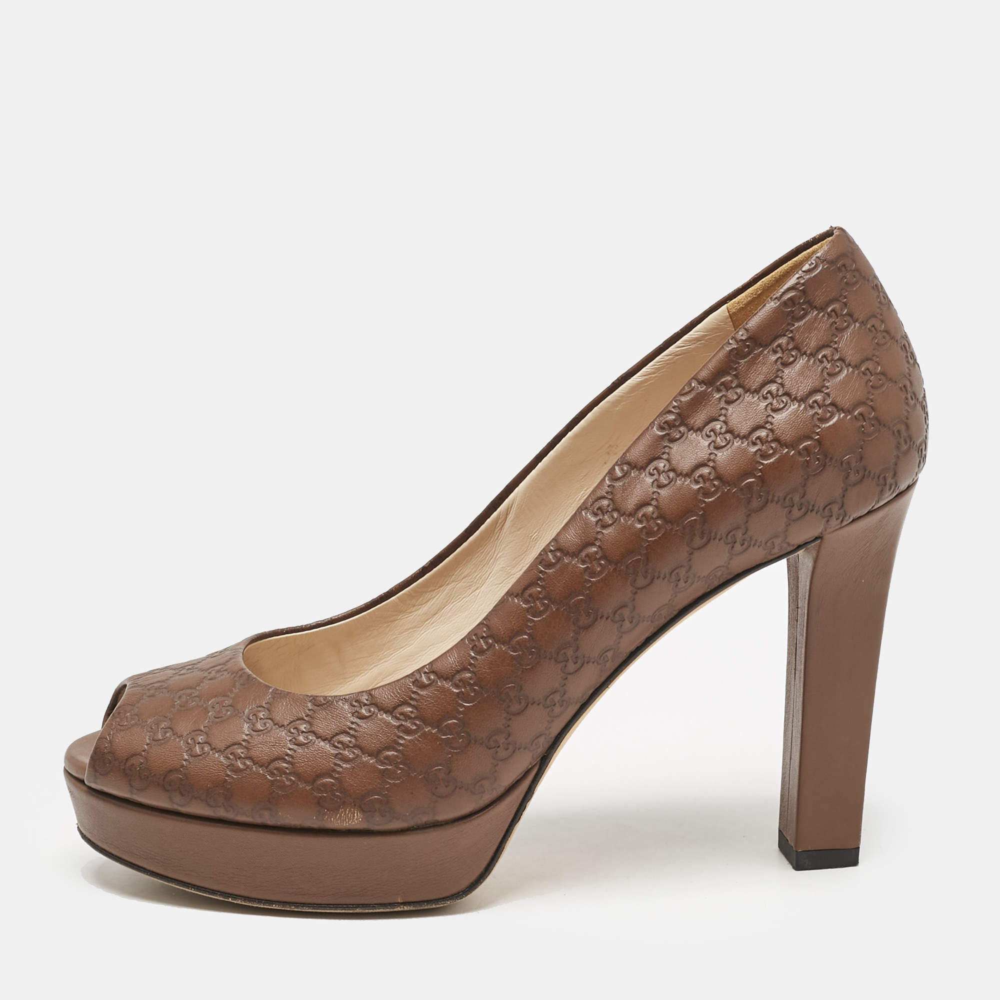 Pre Owned Gucci Brown Monogram Leather Peep Toe Pumps Size 37.5
