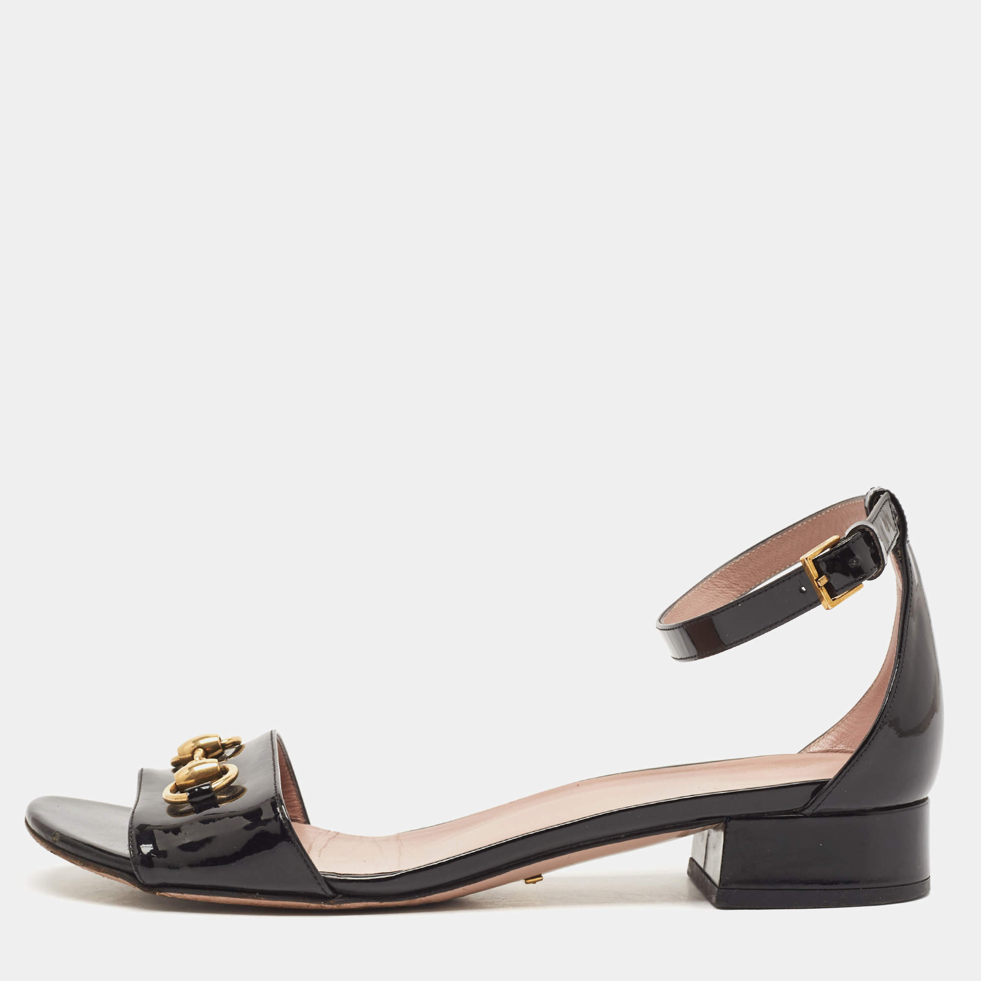 Gucci Black Patent Leather Horsebit Ankle Strap Sandals Size 40