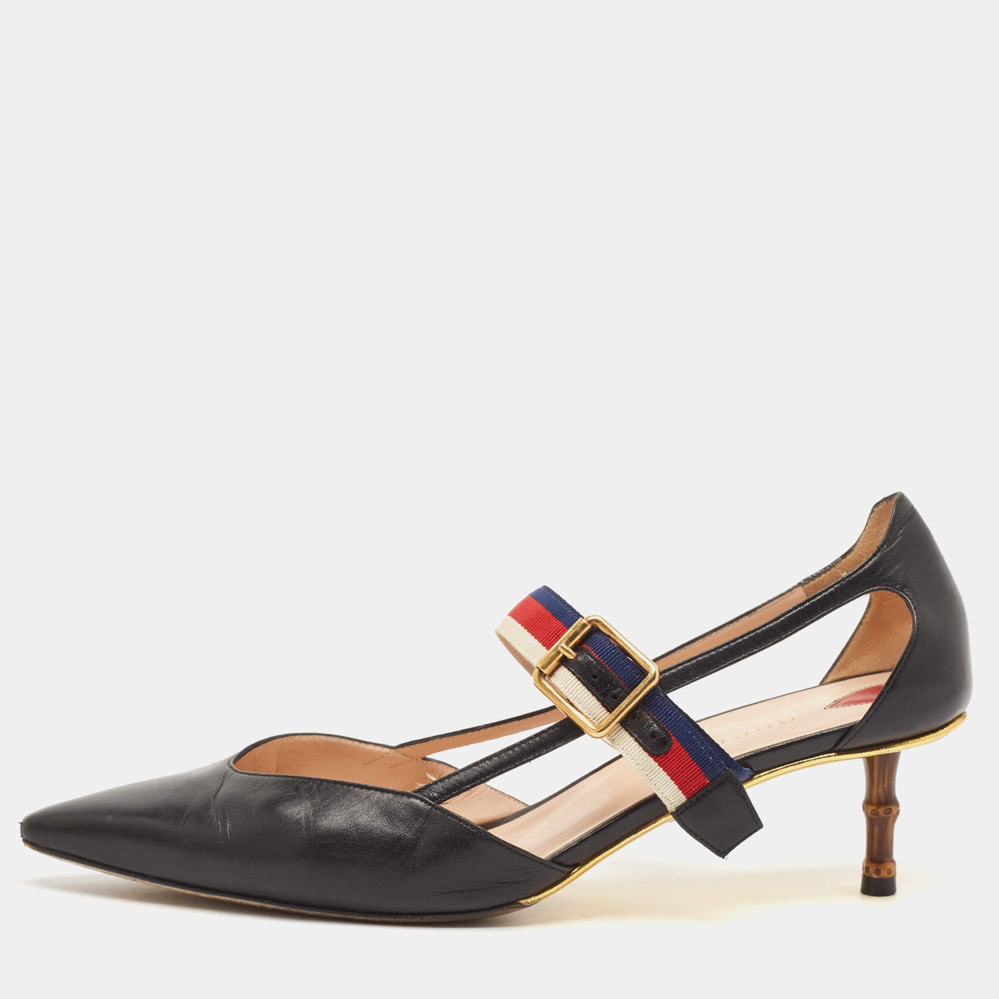 Gucci Black Leather Sylvie Web Strap Bamboo Heel Unia Pumps Size 40