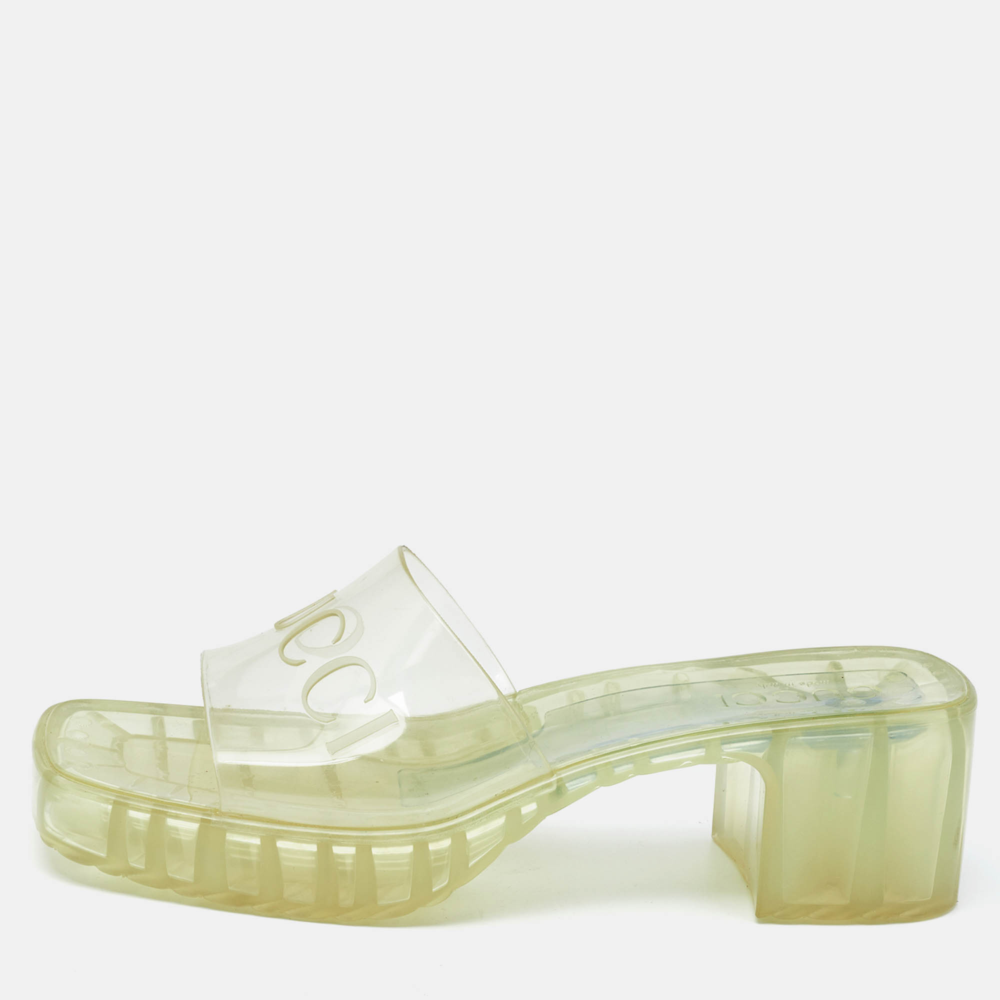 مملوكة مسبقًا Gucci Transparent Rubber Logo Slide Sandals Size 37