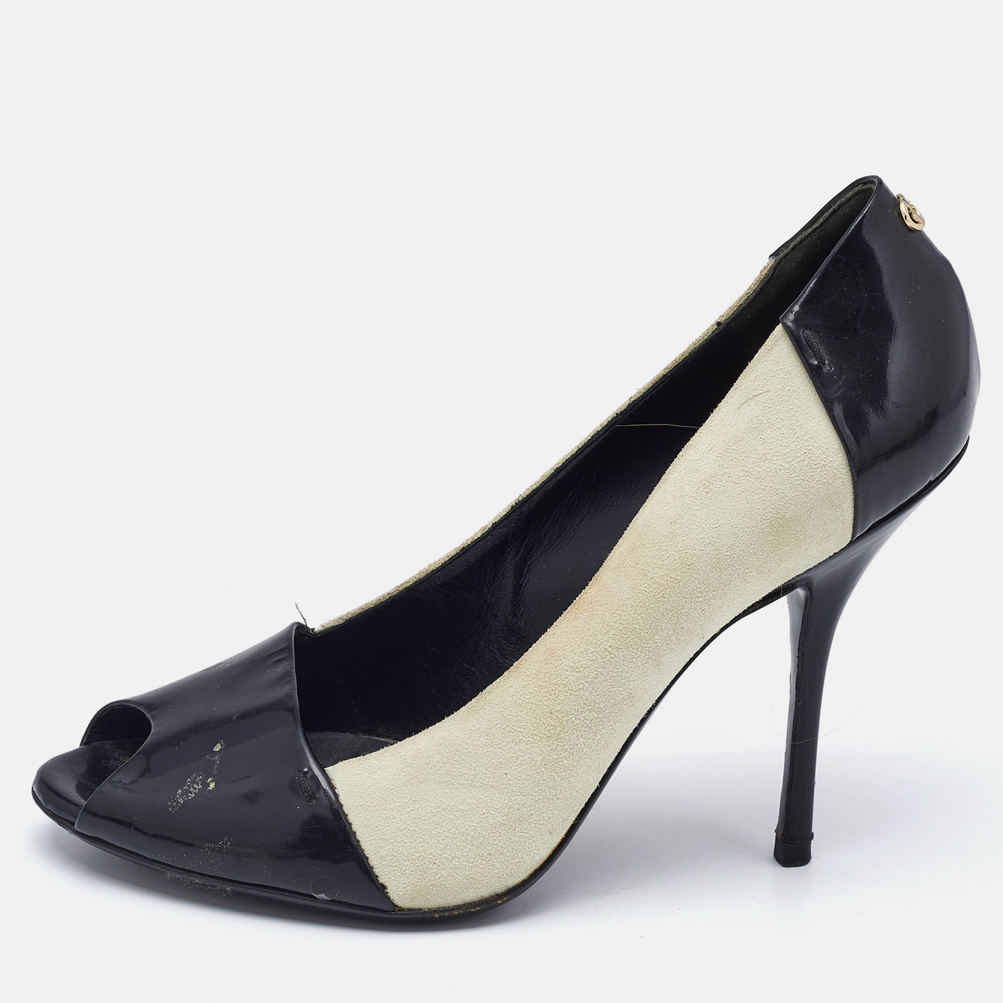 Pre Owned Gucci Black/White Patent Leather And Suede Peep Toe Pumps Size 37