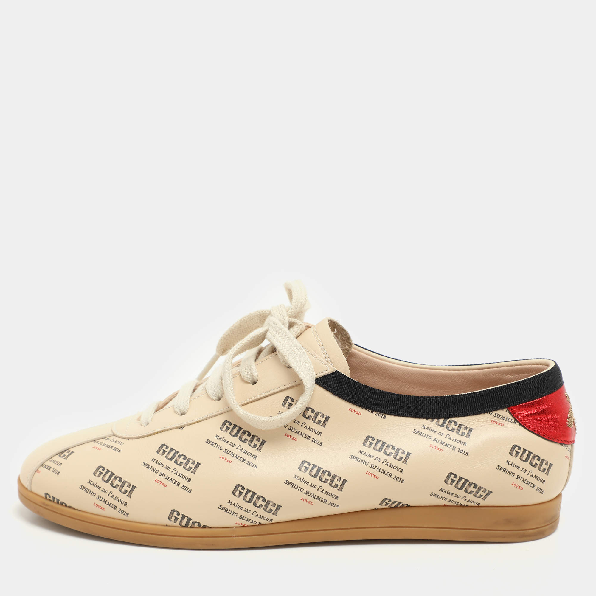 Gucci Beige Invite Print Leather Falacer Low Top Sneakers Size 37