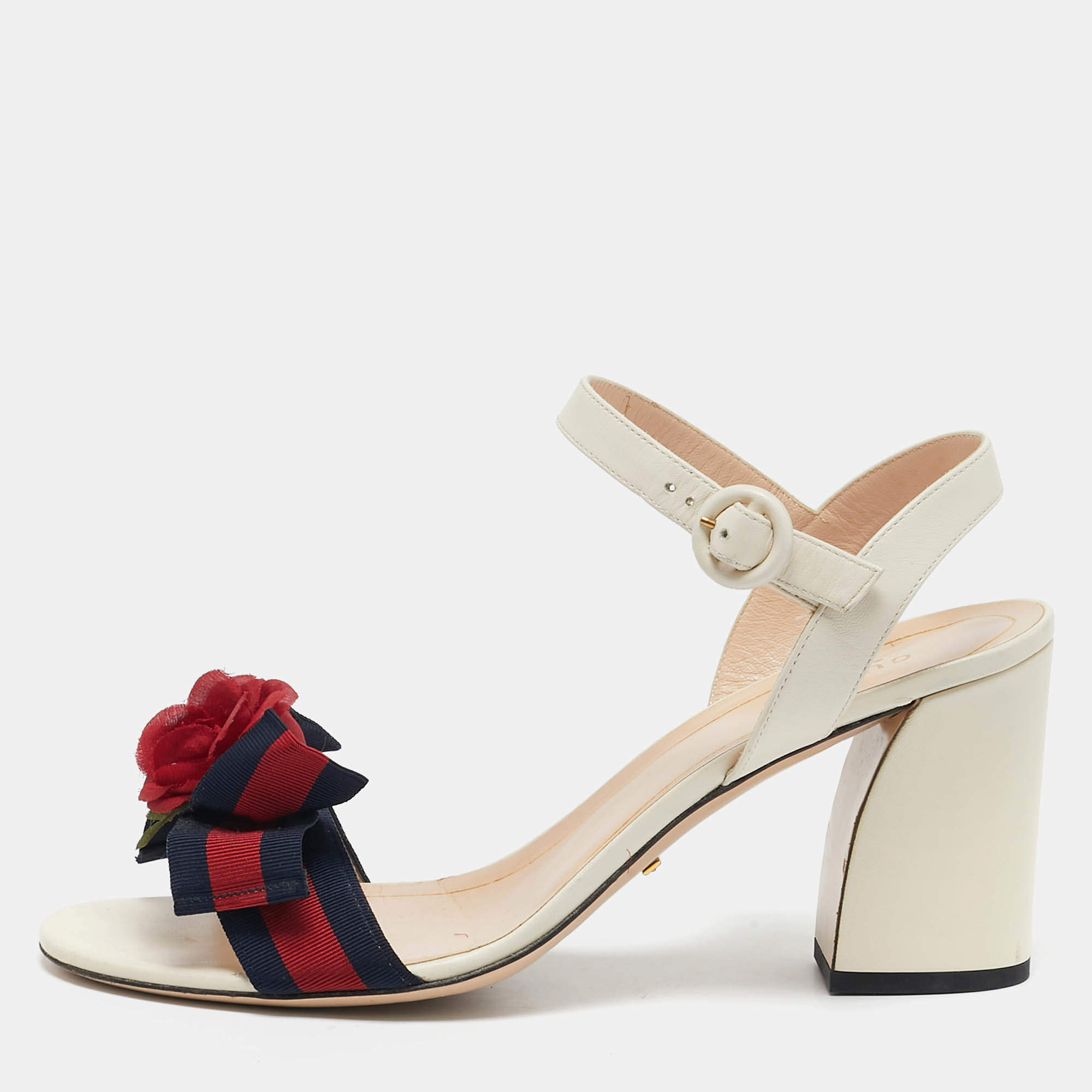Gucci Cream Leather Web Bow Flower Block Heel Ankle Strap Sandals Size 41