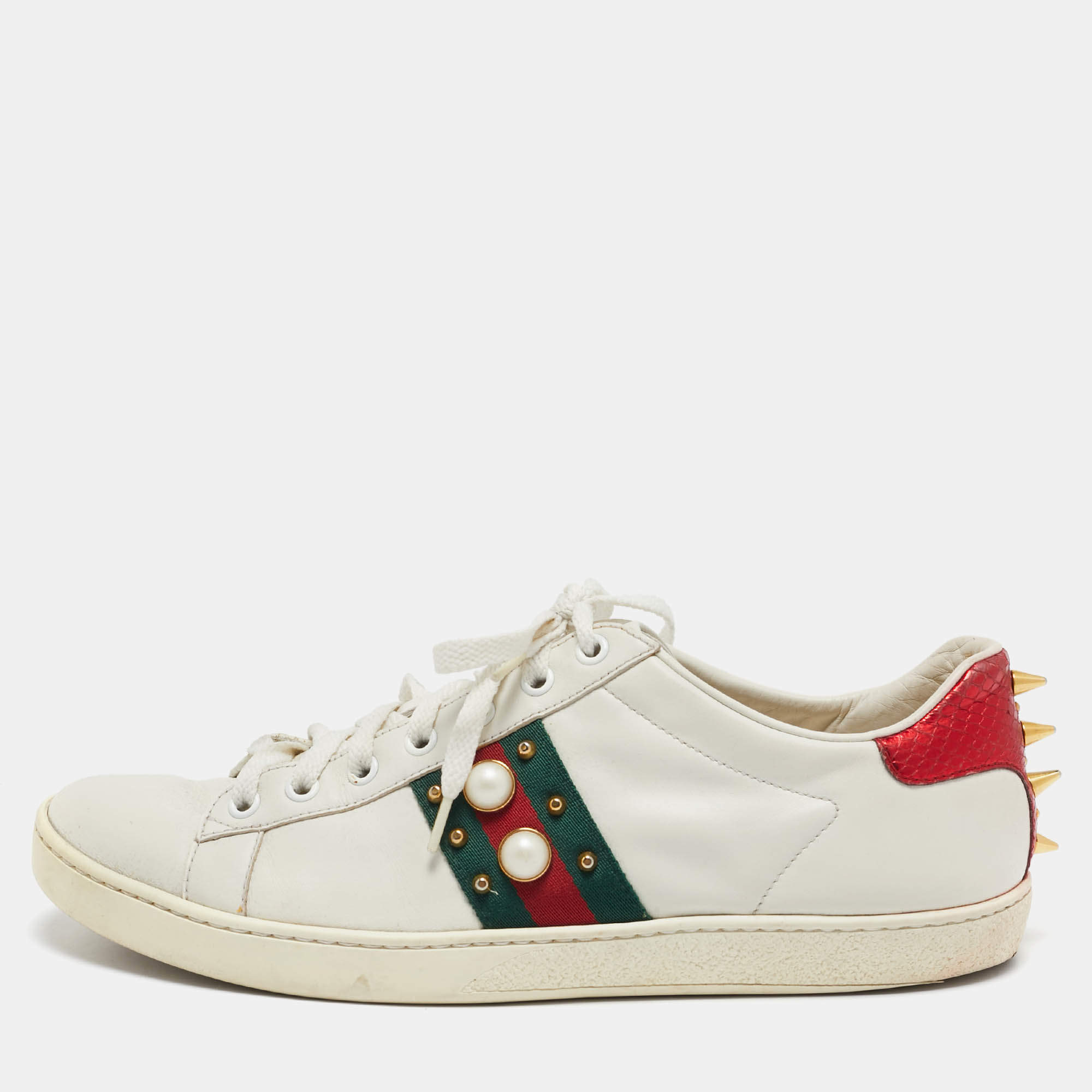 Pre Owned Gucci White Leather Studded Ace Sneakers Size 41