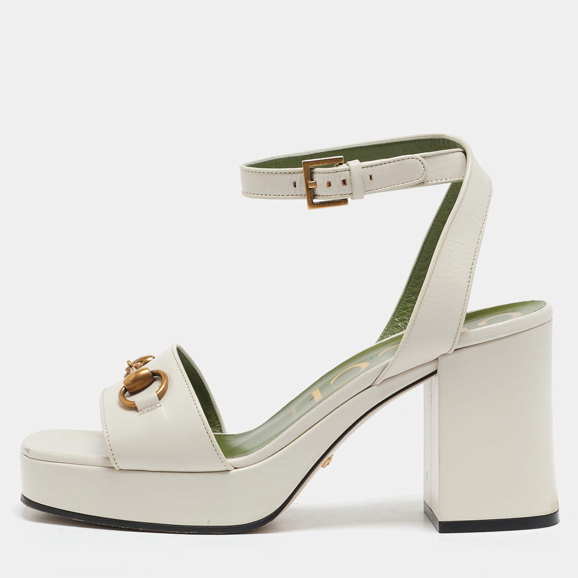 Gucci Cream Leather GG Marmont Platform Block Heel Ankle Strap Sandals Size 38.5