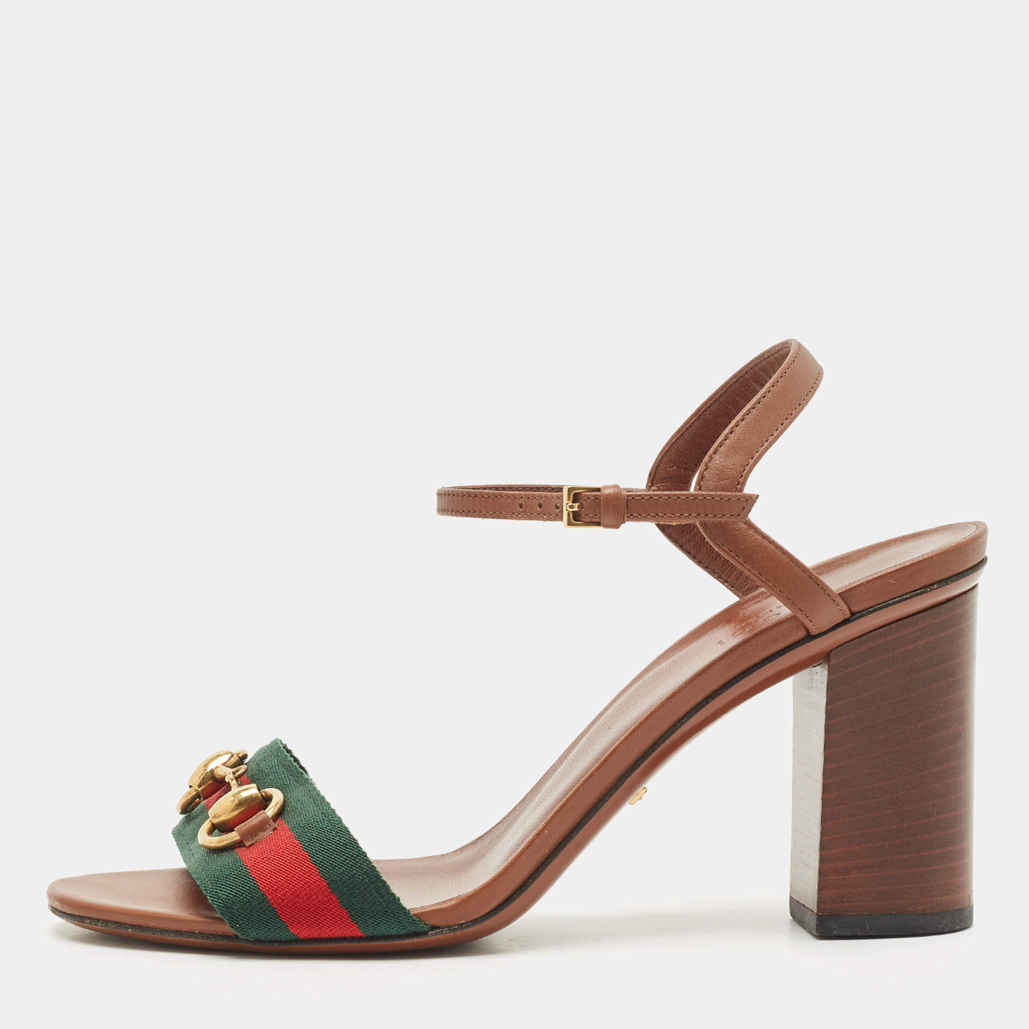Pre Owned Gucci Brown Leather Web Horsebit Ankle Strap Sandals Size 38