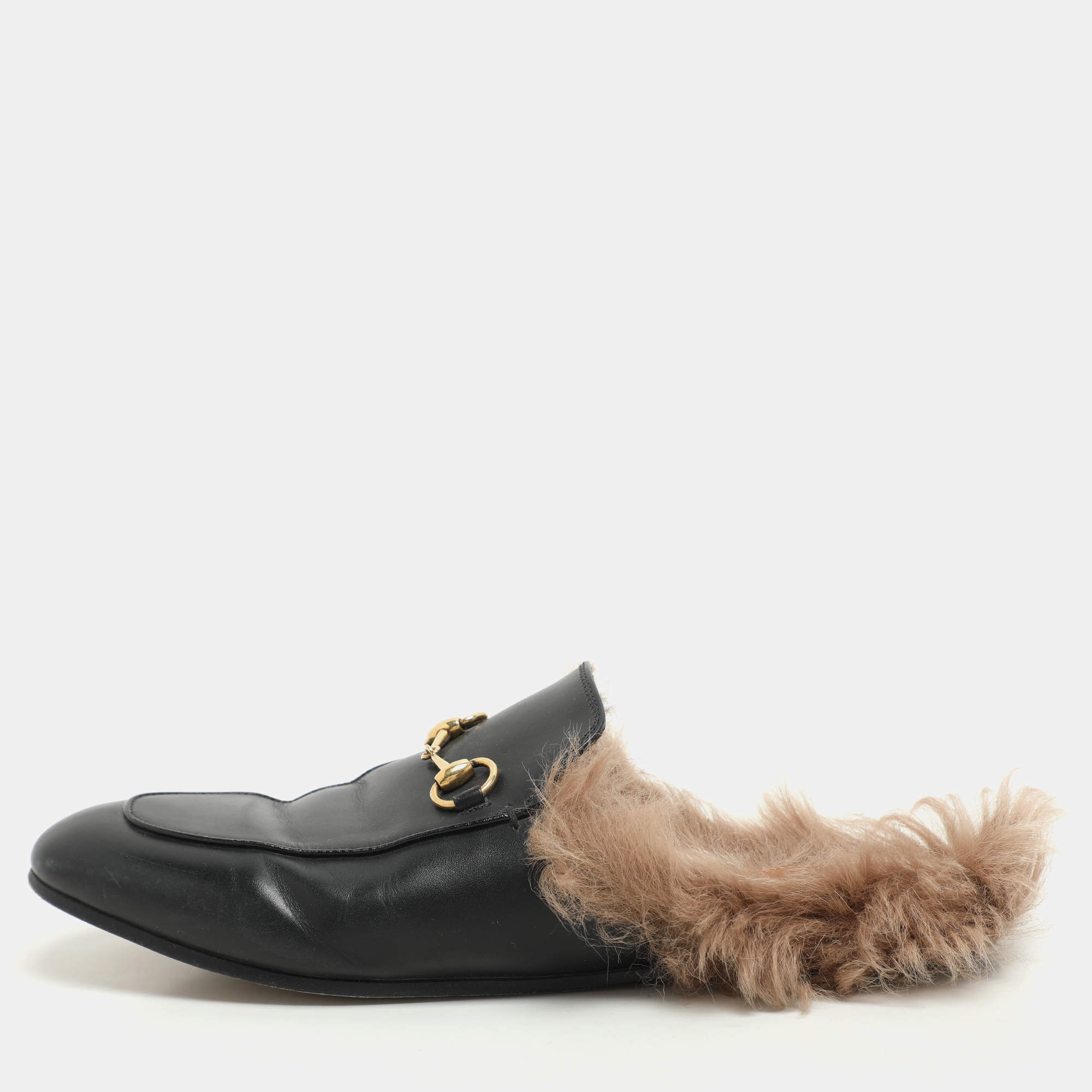 Gucci Black Leather Fur Lined Prince Town Mules Size 39