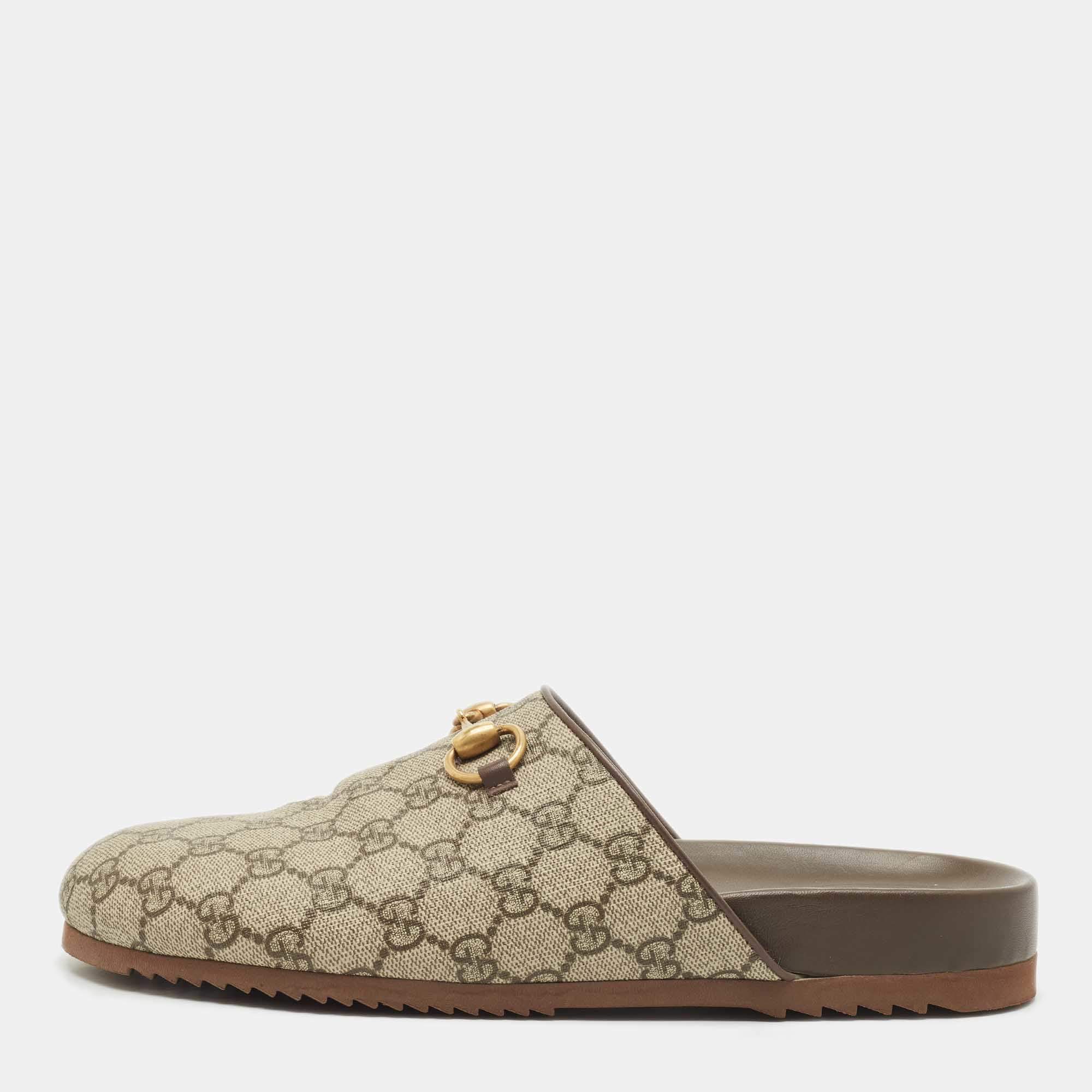 Pre Owned Gucci Beige/Ebony GG Supreme Canvas Horsebit Slippers Size 41