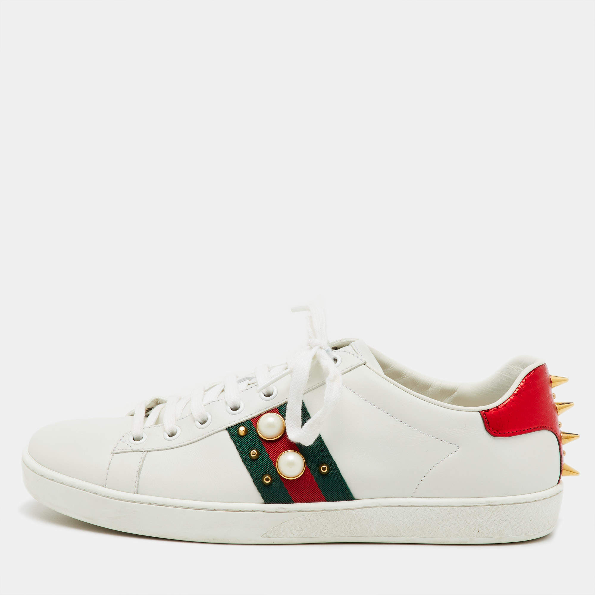 Gucci White Leather New Ace Web Faux Pearl Embellished Low Top Sneakers Size 40