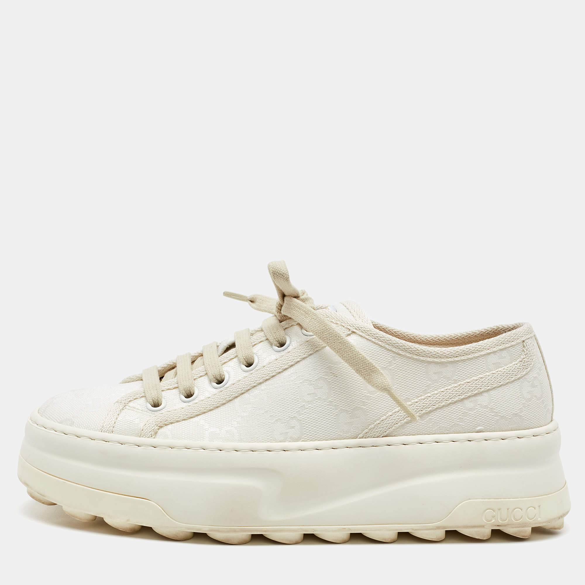 Pre Owned Gucci White GG Canvas Tennis 1977 Platform Sneakers Size 37