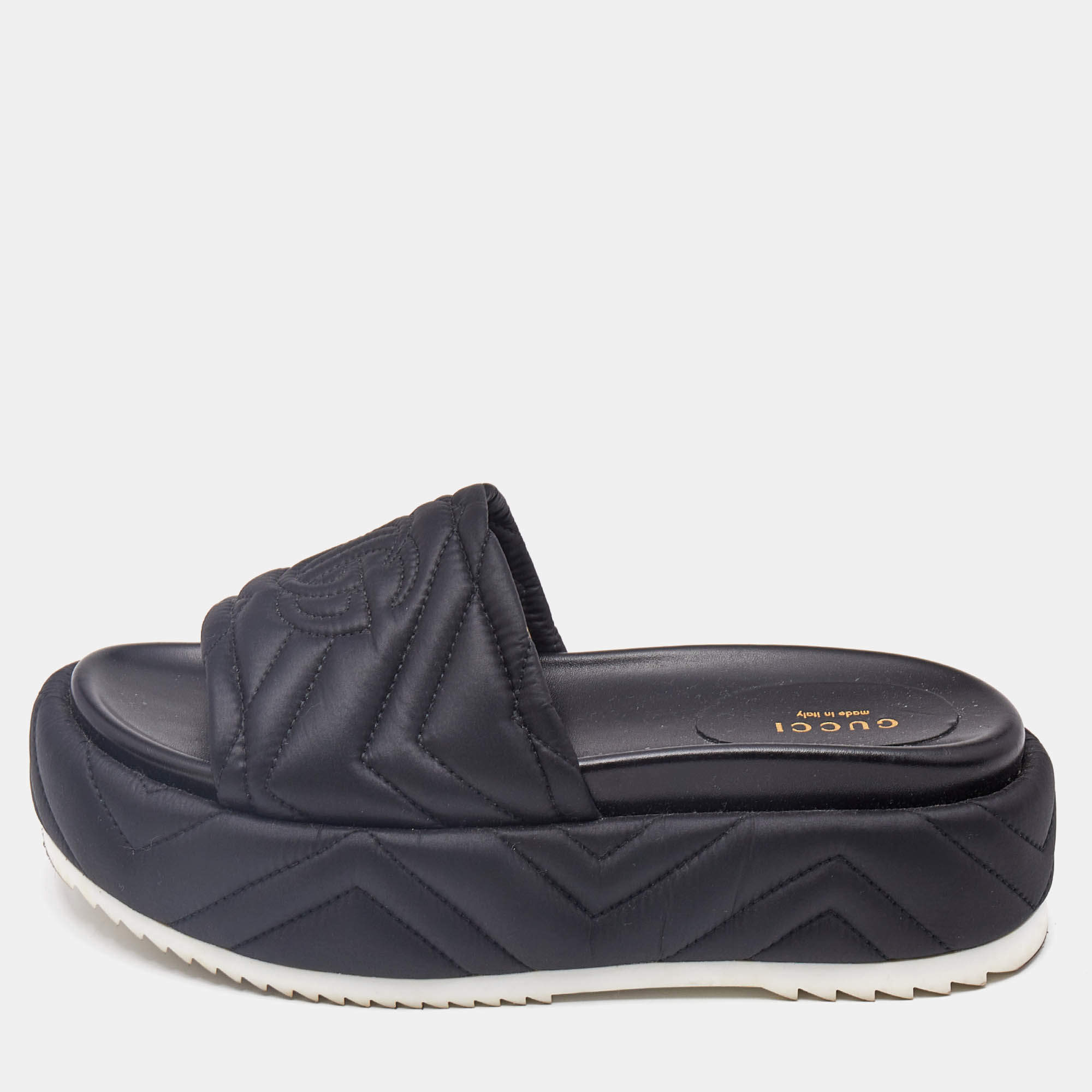 Pre Owned Gucci Black Matelassé Nylon Angelina Platform Sandals Size 36.5