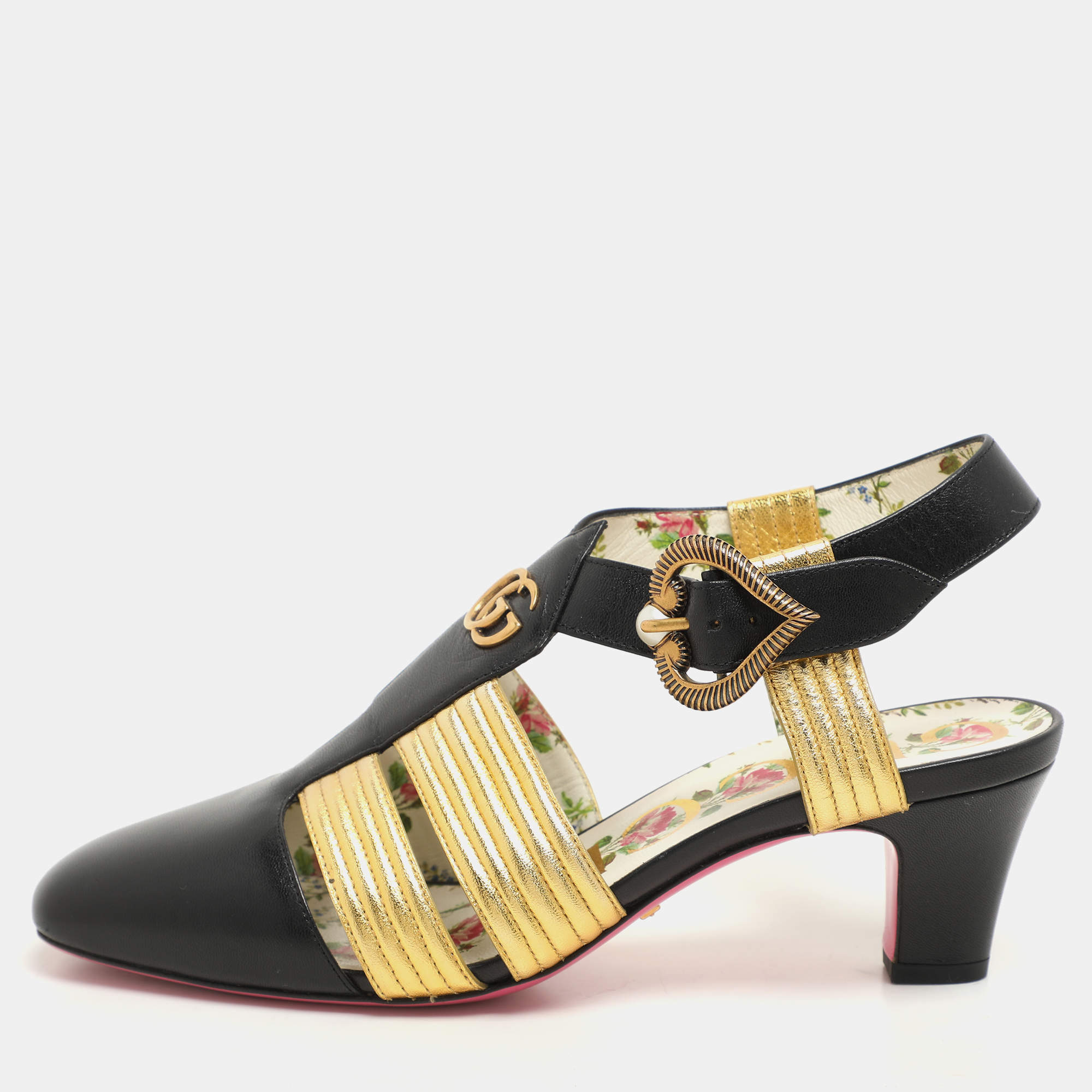مملوكة مسبقًا Gucci Black/Gold Leather Gea Embellished Pumps Size 36
