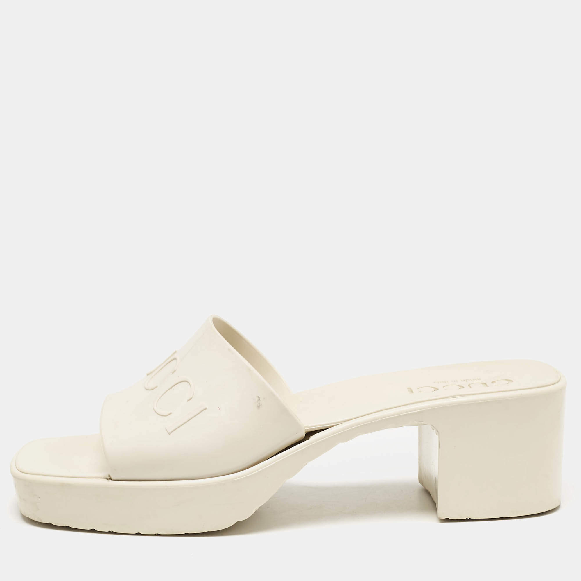 Gucci White Rubber Block Heel Slide Sandals Size 35
