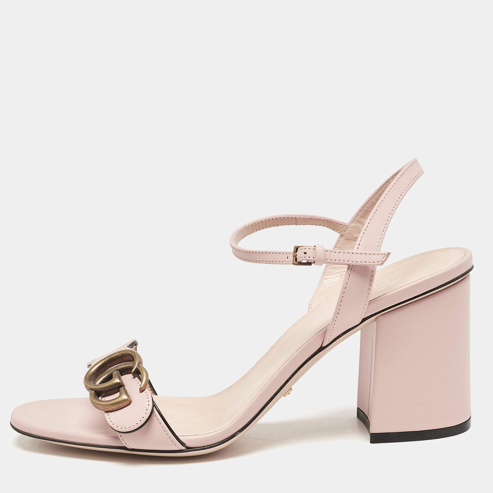 Gucci Light Pink Leather GG Marmont Block Heel Ankle Strap Sandals Size 39