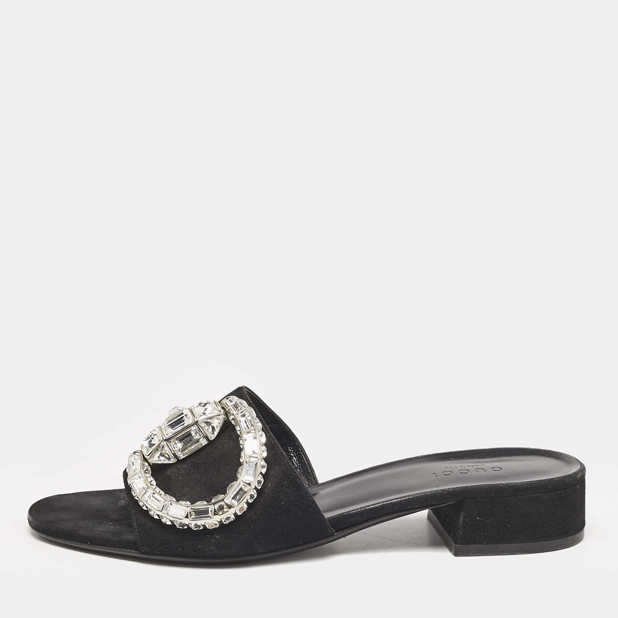 Pre Owned Gucci Black Suede Maxime Crystal Embellished Slide Sandals Size 37.5