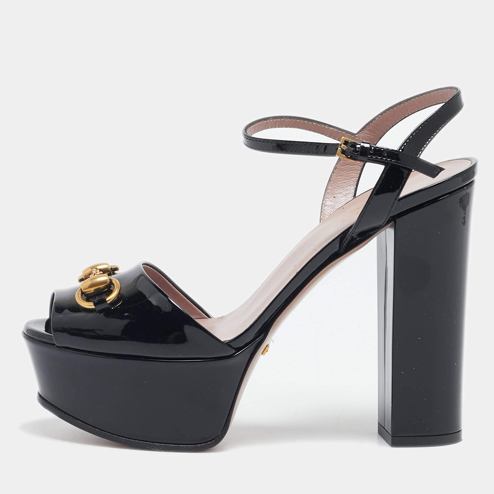 Pre Owned Gucci Black Patent Leather Horsebit Platform Ankle Strap Sandals Size 36