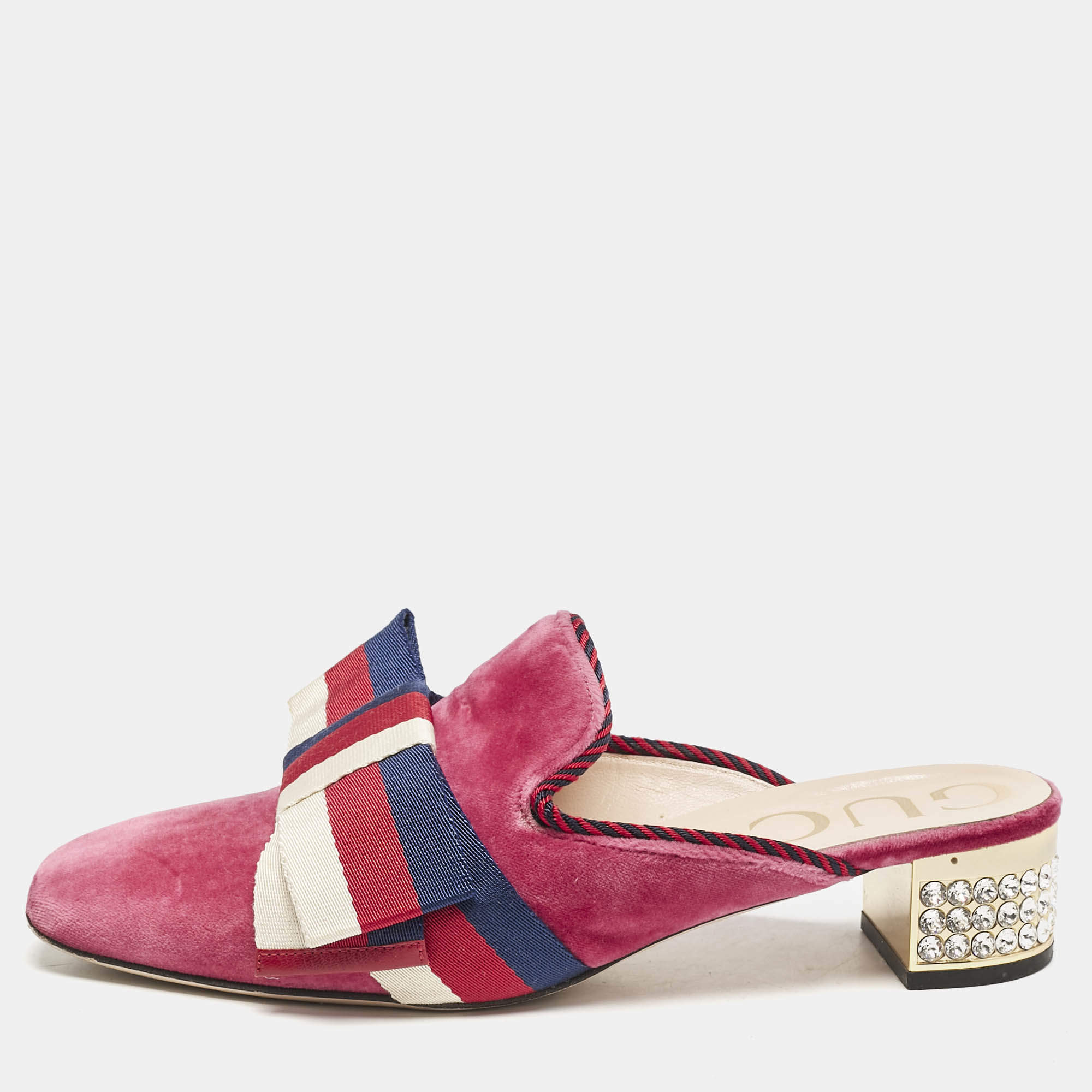 Gucci Pink Velvet Sylvie Bow Mules Size 37.5