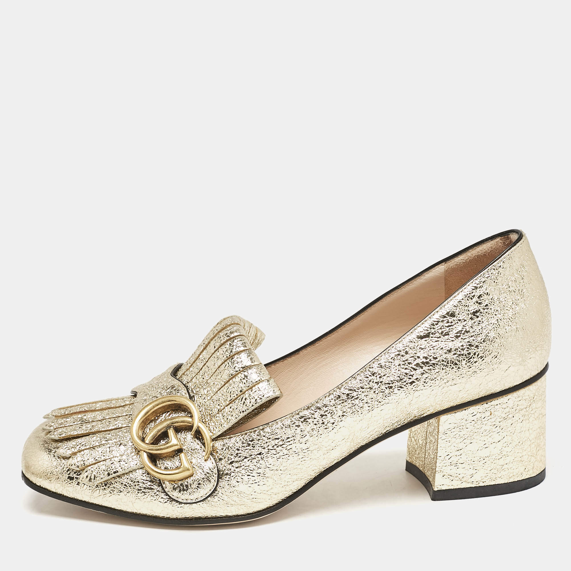 Gucci Metallic Gold Foil Leather GG Marmont Fringe Pumps Size 37