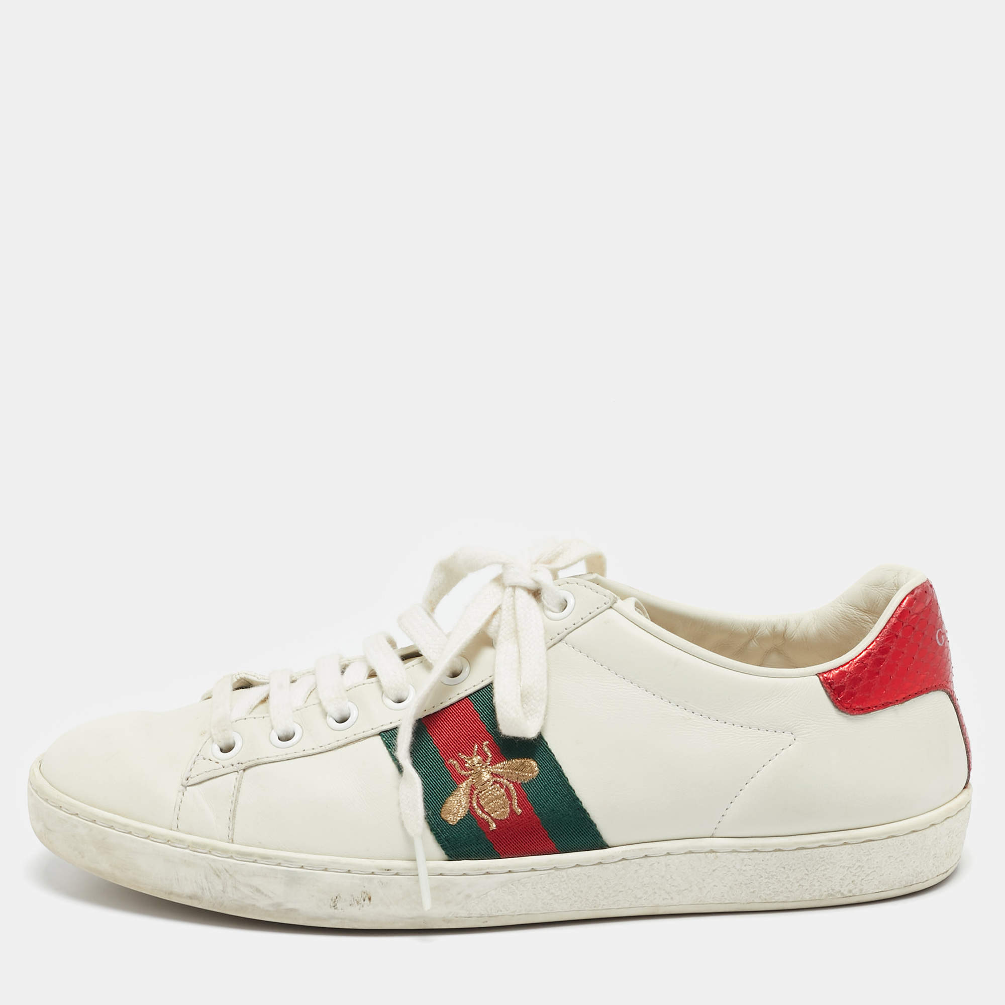 مملوكة مسبقًا Gucci White Leather Bee Embroidered Ace Sneakers Size 39