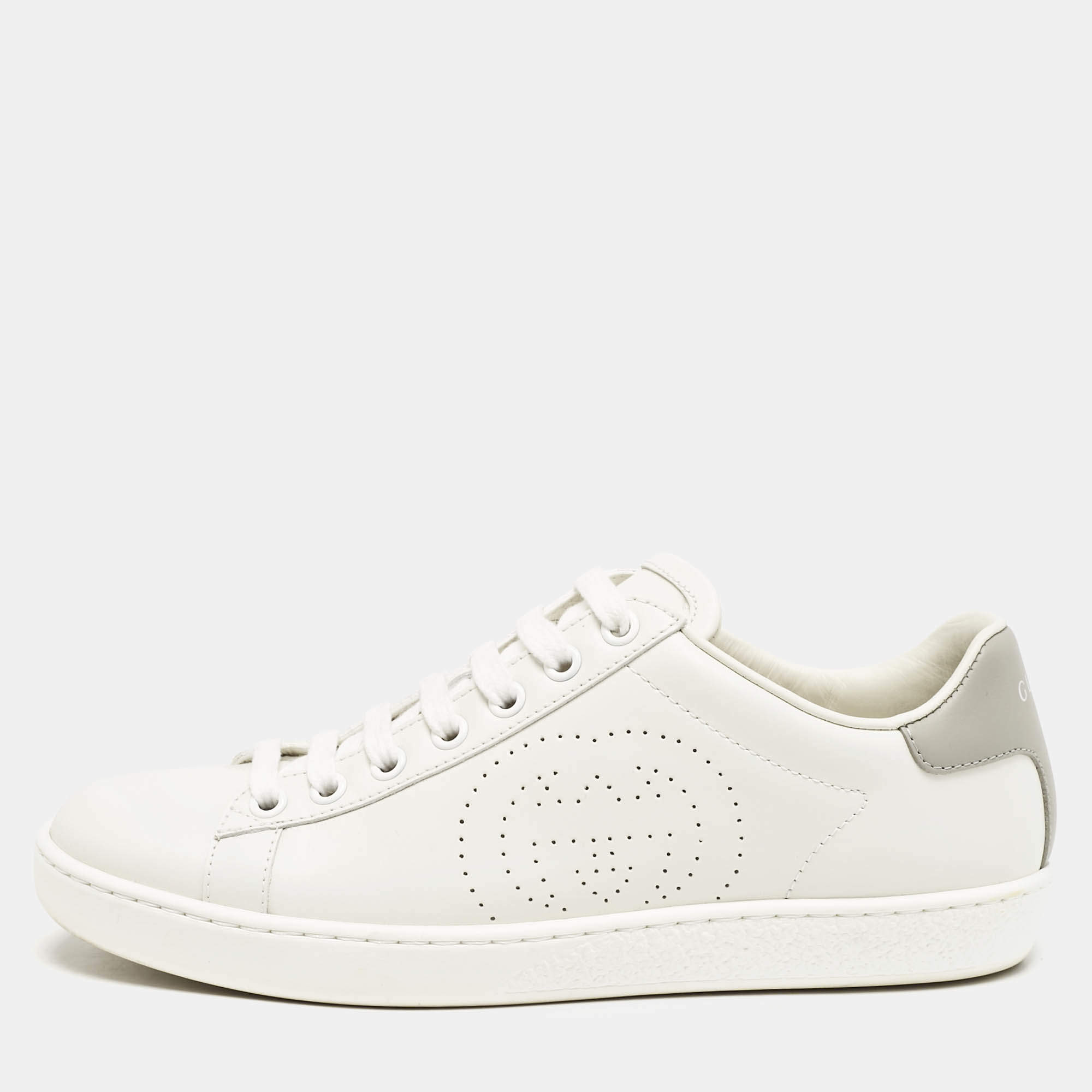 Gucci White/Grey Leather Perforated Interlocking G Ace Sneakers Size 34.5