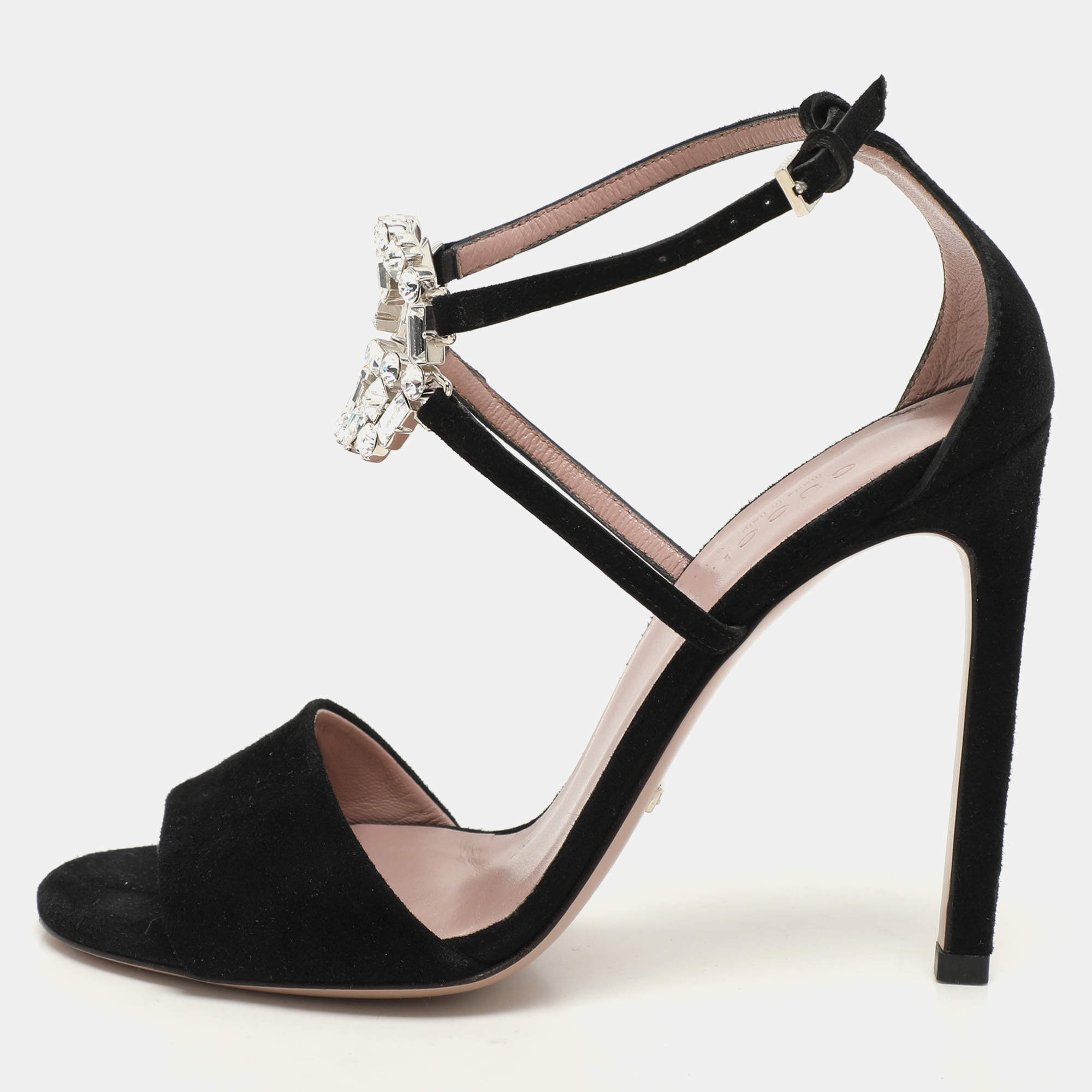 Gucci Black Suede Crystal Embellished GG Interlock Ankle Strap Sandals Size 36