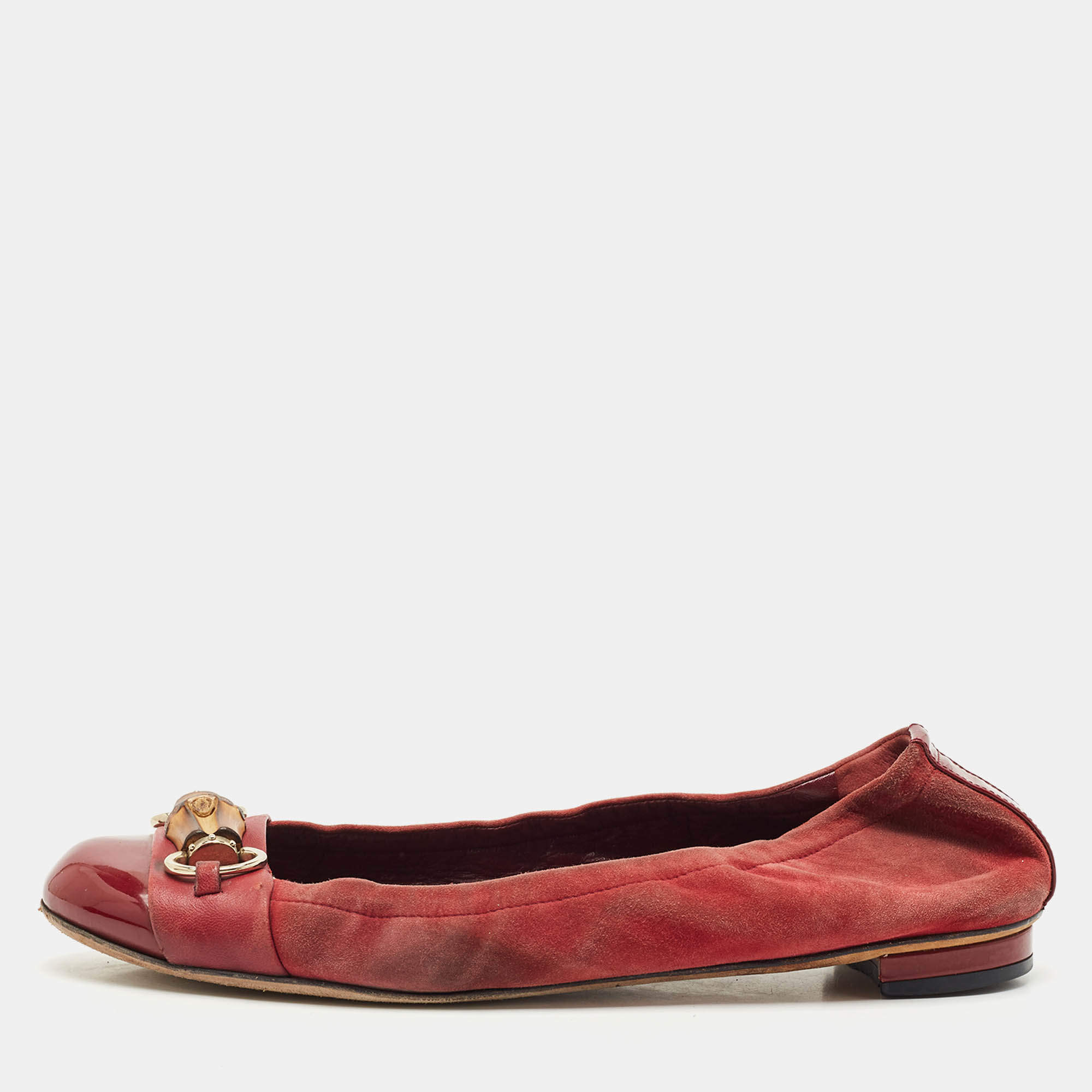 Gucci Red Patent Leather and Suede Horsebit Ballet Flats Size 39