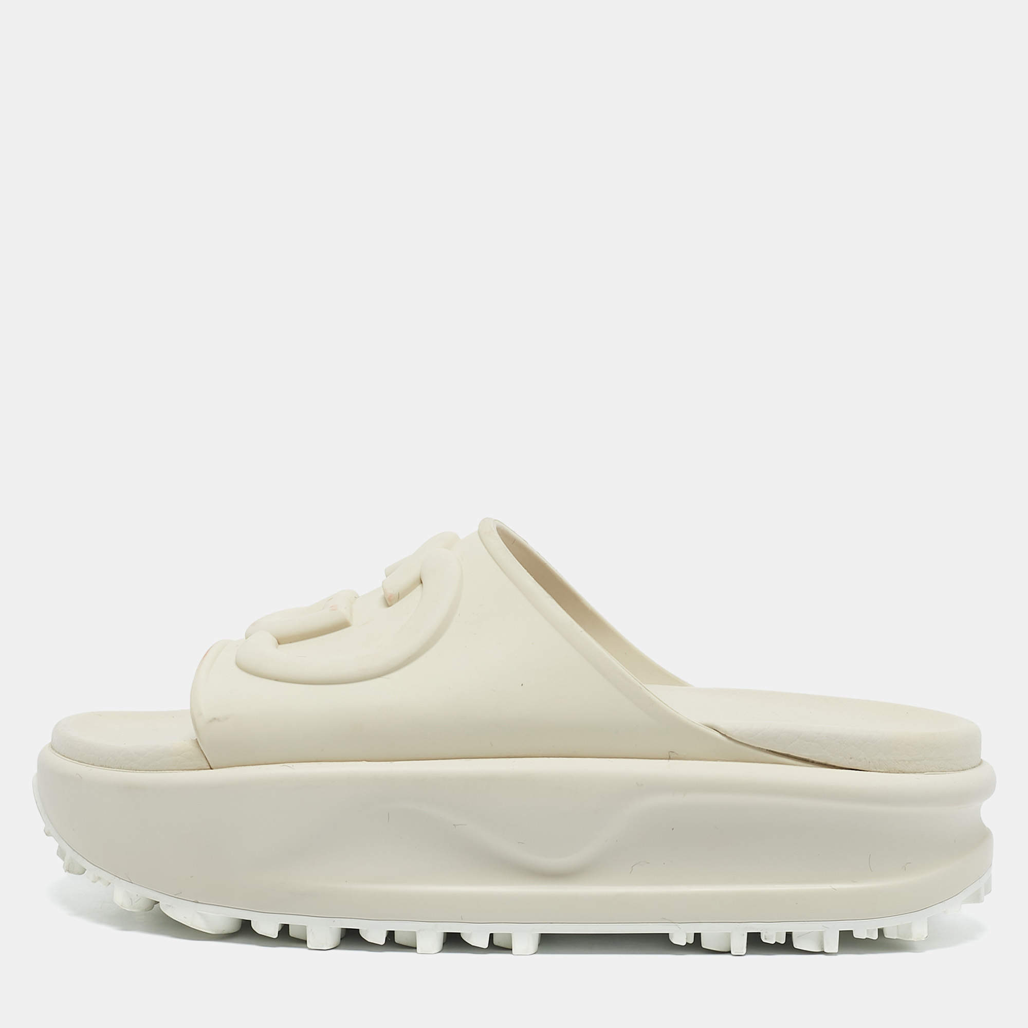 Gucci White Rubber Interlocking G Slide Sandals Size 36