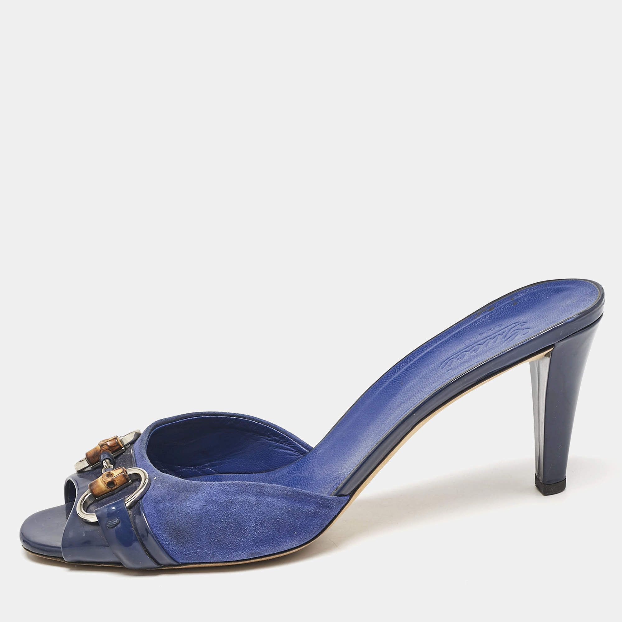 Pre Owned Gucci Blue Suede and Patent  Hollywood Slide Sandals Size 39.5