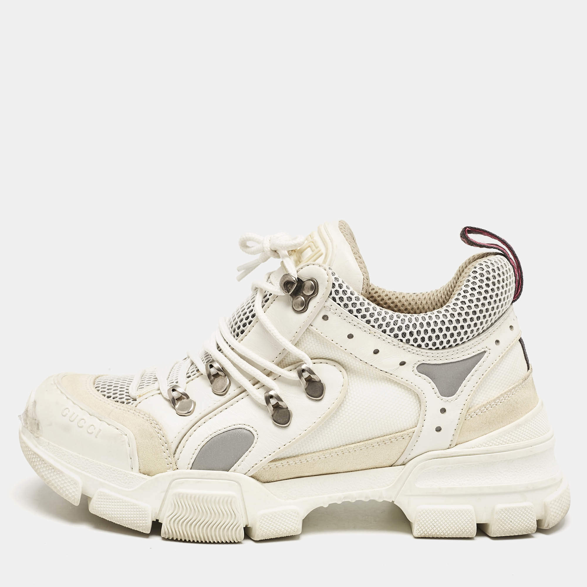 Gucci White Canvas and Leather Flashtrek Chunky Sneakers Size 38