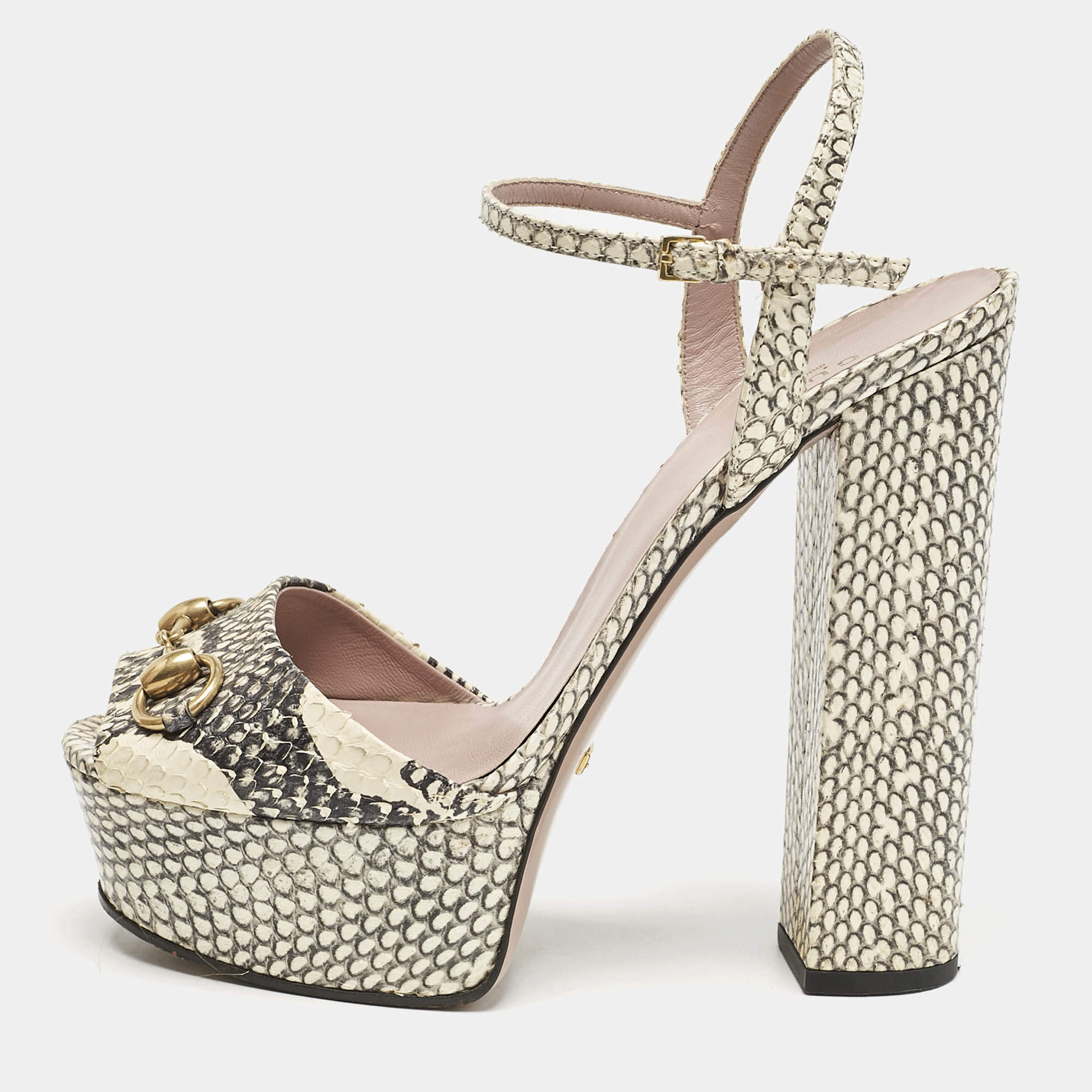 Gucci Two Tone Python Leather GG Marmont Ankle Strap Sandals Size 39.5