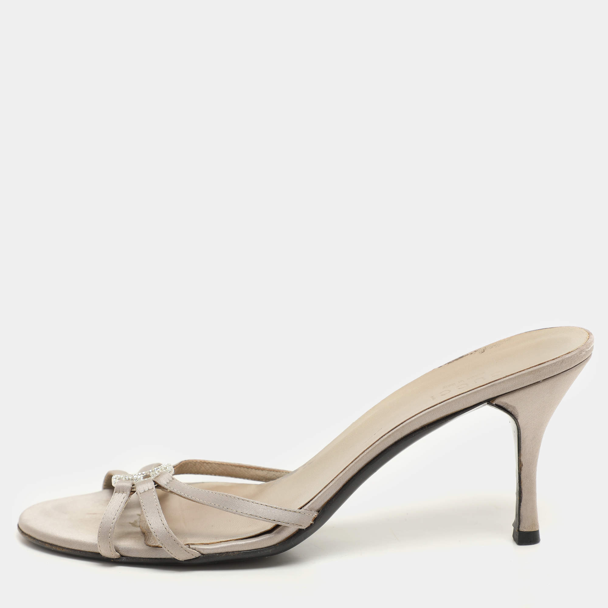 Gucci Grey Satin Embellished GG Slide Sandals Size 38